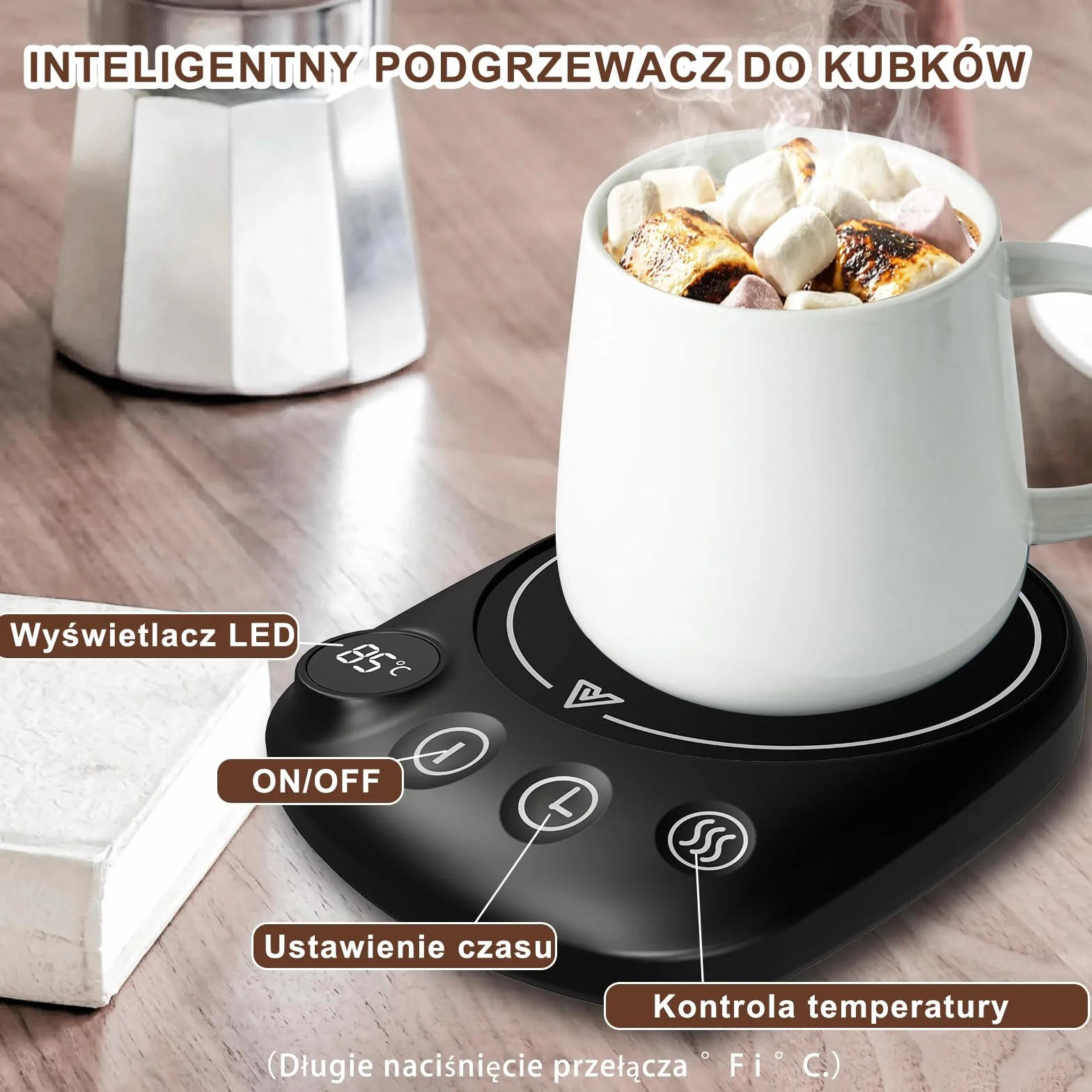 Podgrzewacz do filiżanek kawy 4 regulowane temperatury 131-185°F z timerem 1-12H