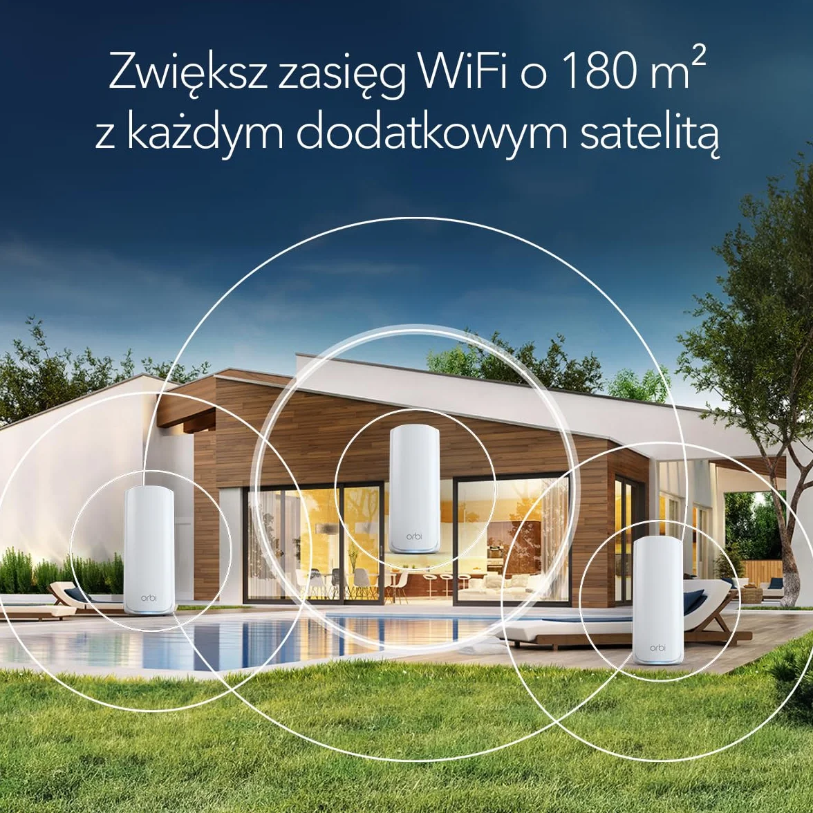 NETGEAR Orbi 770 Trójpasmowy dodatkowy satelita mesh WiFi 7 (RBE770) — współpracuje z Orbi RBE772 i RBE773, zwiększa zasięg o 180 m2, port WAN 2,5 Gb/s, BE11000 802.11be (do 11 Gb/s)