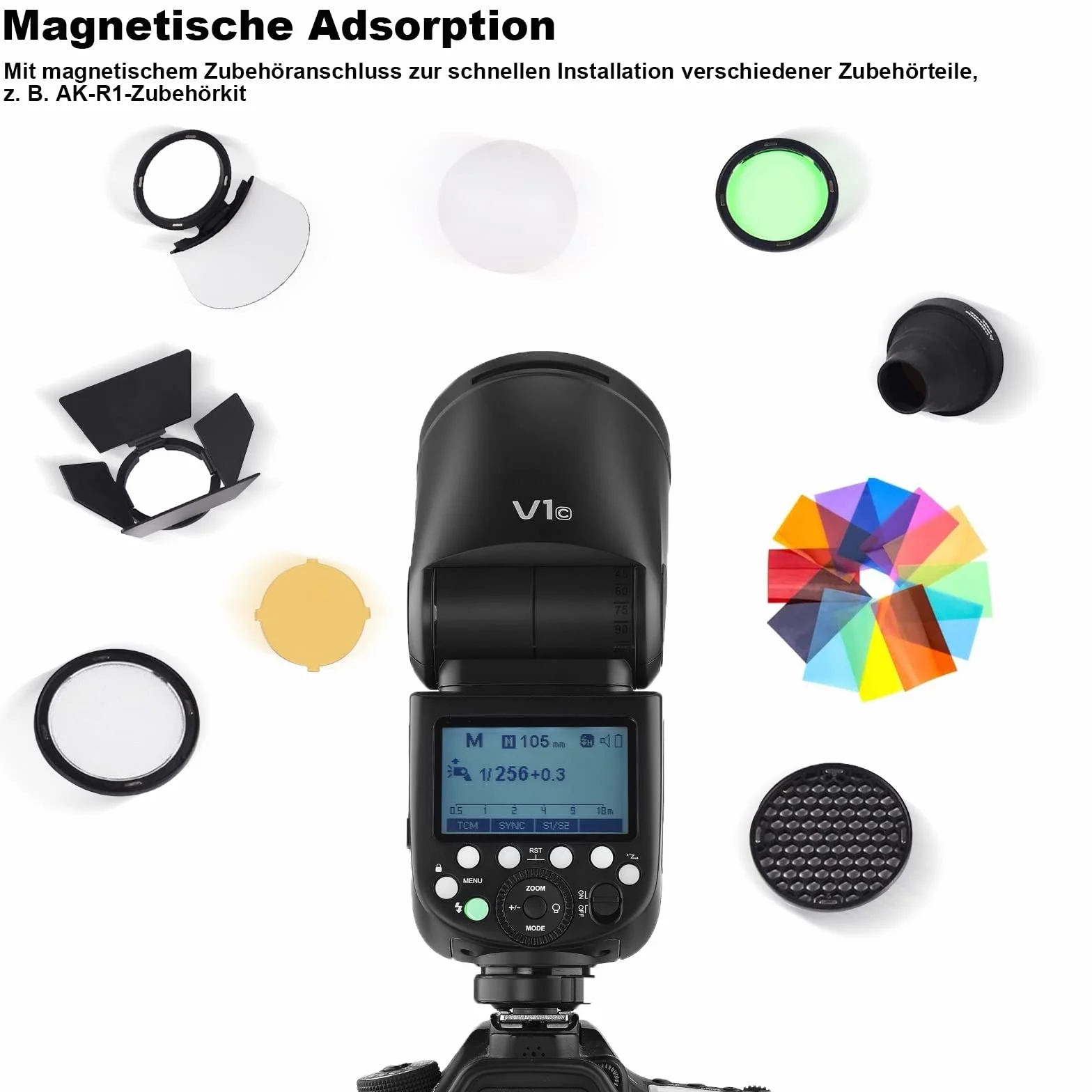Godox Zestaw V1-S TTL okrągła głowica lampy błyskowej, lampa błyskowa 2,4G 1/8000 HSS Speedlite 76 W z baterią i akcesoriami GODOX AK-R1, głowica Speedlight kompatybilna z lustrzanką Sony