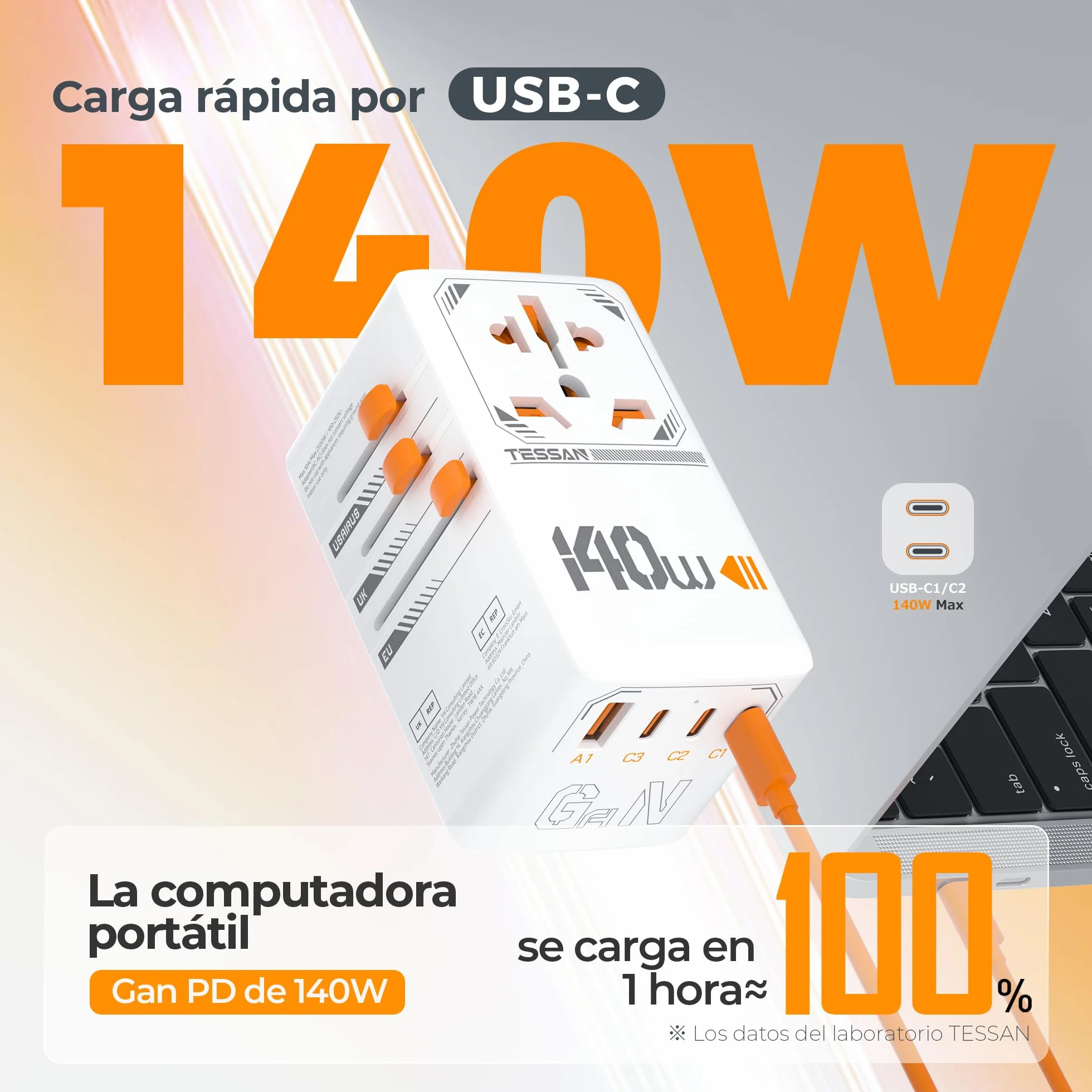 TESSAN 140W GaN Travel Adapter na całym świecie, Szybkie ładowanie Adapter, Podróżne wtyczki na całym świecie z 3 USB C, 1 USB A, Podróżne zasilanie dla UE USA Japonia Tajlandia Australia Kanada