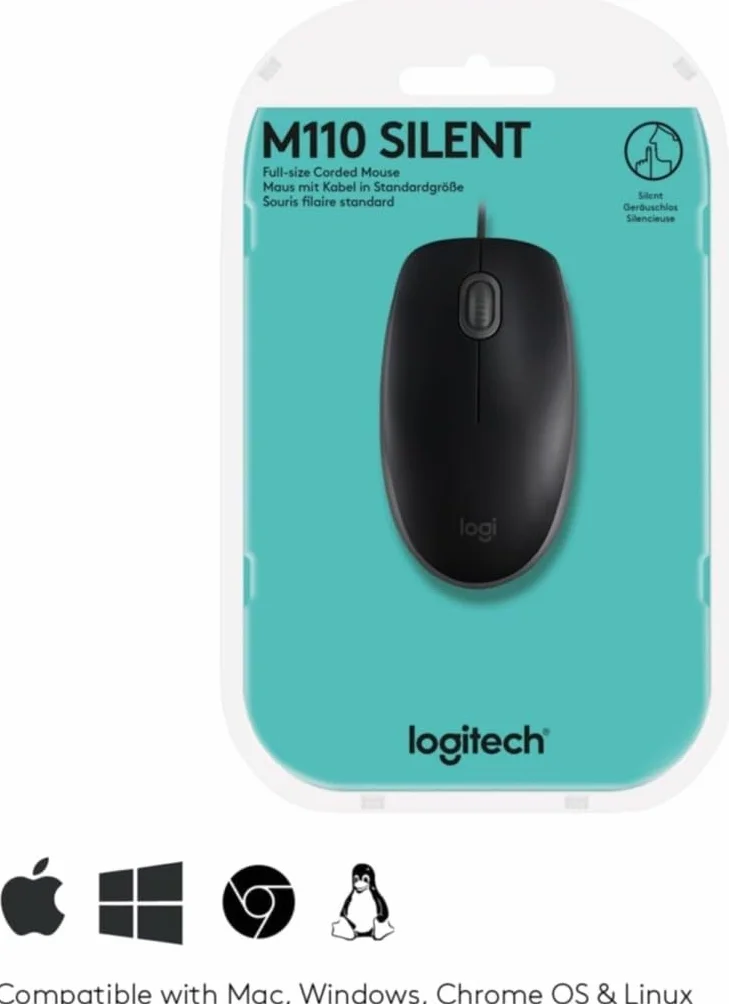 Logitech B110 Przewodowa mysz USB, ciche przyciski, wygodna konstrukcja dla użytkowników pełnowymiarowych, oburęczna, PC/Mac/Laptop - Szary