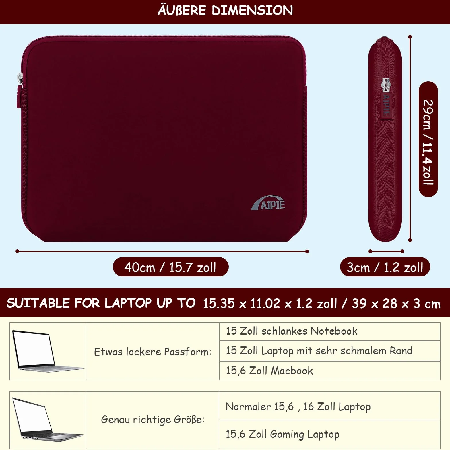 Etui ochronne na laptopa 16 Zoll czerwony 40x29x3cm kompatybilne MacBook Acer Asus Dell Lenovo HP