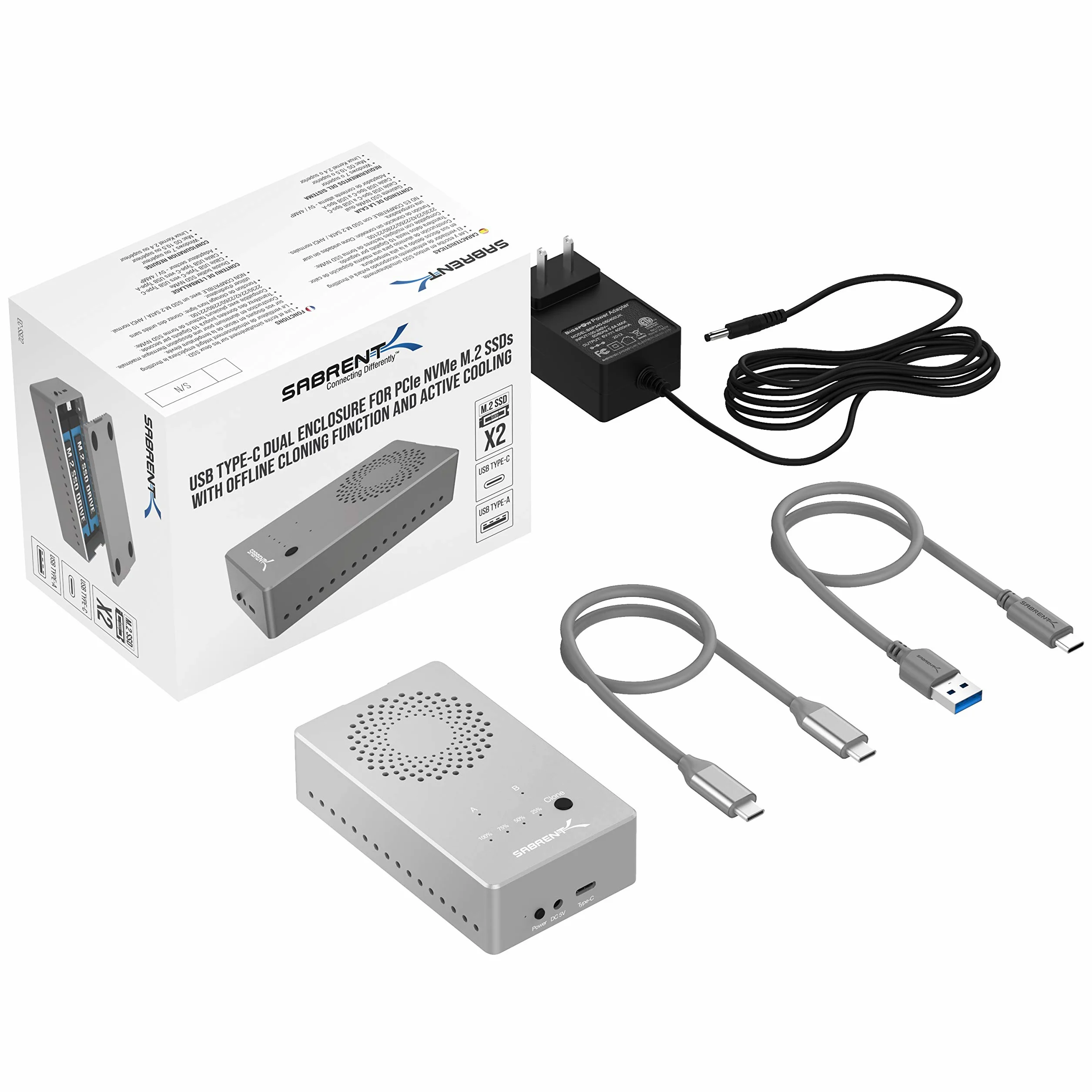 SABRENT Stacja dokująca M.2 SSD, podwójny klon NVMe, obudowa z funkcją powielacza USB C 3.2 PCIe, zewnętrzna aluminiowa obudowa do dwóch M2 NVMe z zasilaczem, bez narzędzi (EC-SSD2)