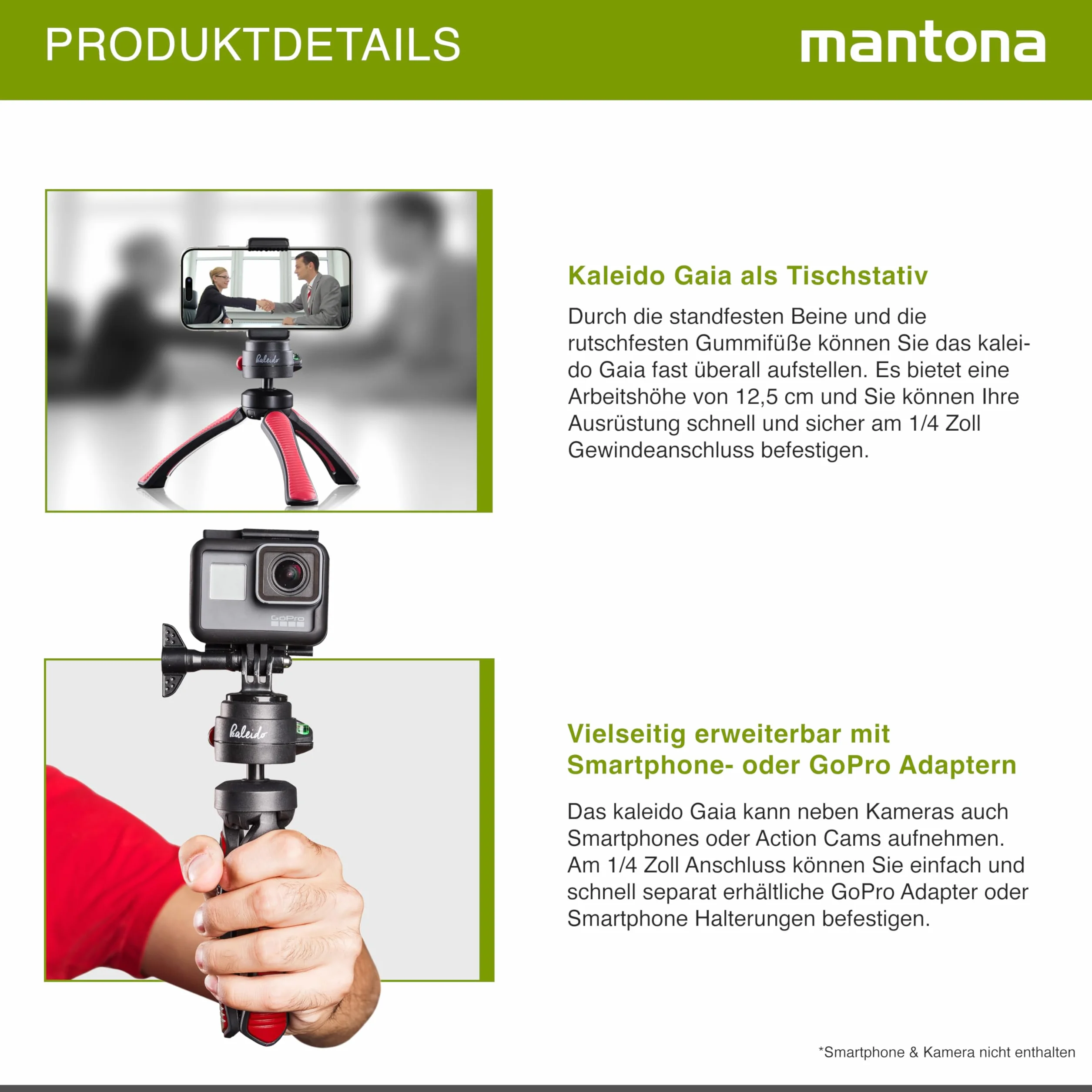 Mantona Kaleido Mini statyw z głowicą kulową 1/4 cala poziomica Chlafe Sundown Red
