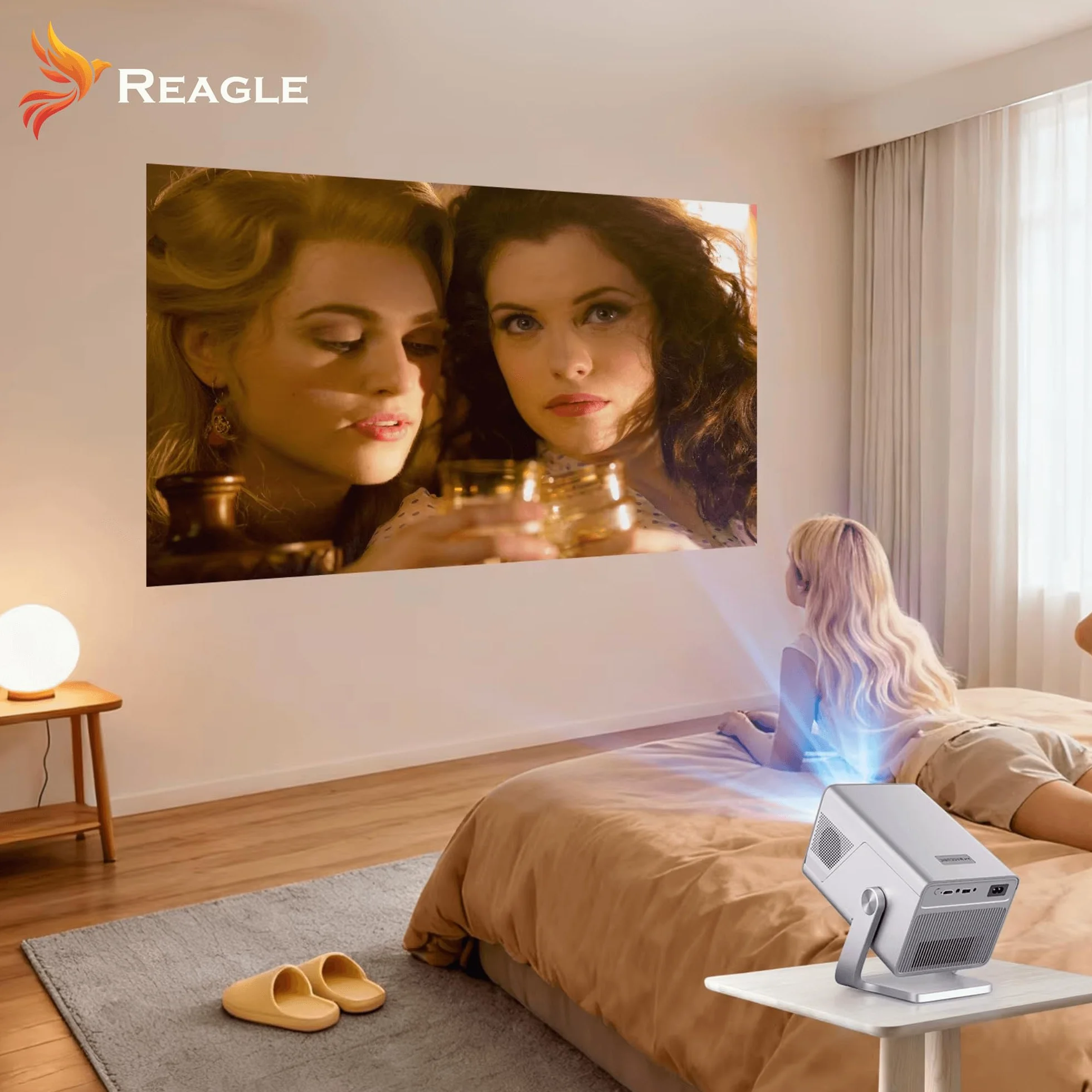 Reagle Projektor LED 1000 ANSI Full HD 1080p R-MOVIELUM-P50 z Autofokusem Upscaling Do 4K 8K, ANDROID 14 Smart TV WiFi BT 5.4, 130 Cali, Przenośny Rzutnik Do Kina Domowego Gamingu Laptop Telefon