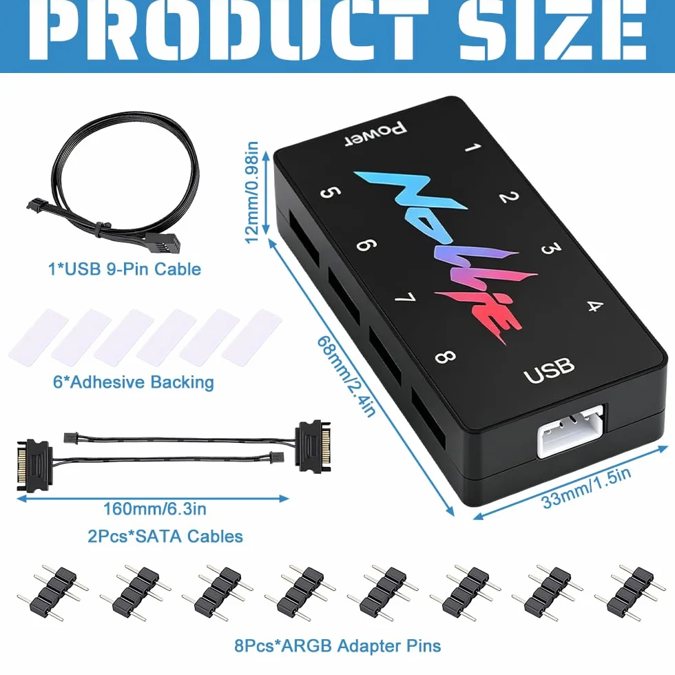 Kontroler ARGB, kontroler HOVCEH 5 V 3 PIN ARGB, hub do wentylatorów PC RGB z 2 portami zasilania SATA i 8 portami, procesor z rdzeniem RISC-V, kompatybilny z SignalRGB i OpenRGB