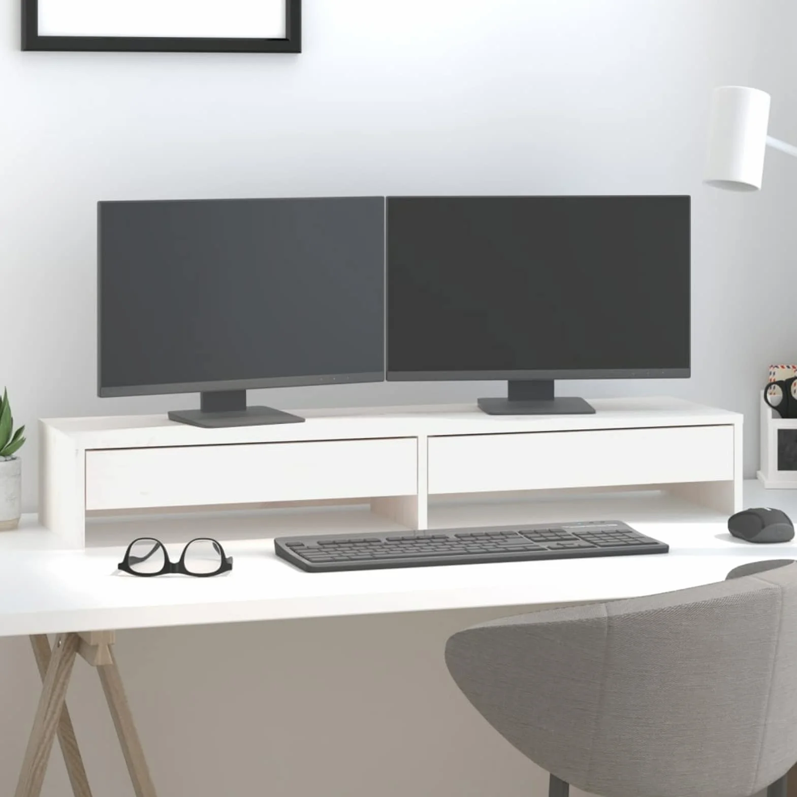 Stojak na monitor, stojak na ekran komputera, akcesoria biurowe, stojak na monitor biurko, podstawa monitora, akcesoria biurkowe, lite drewno sosnowe białe 100 x 27 x 15 cm