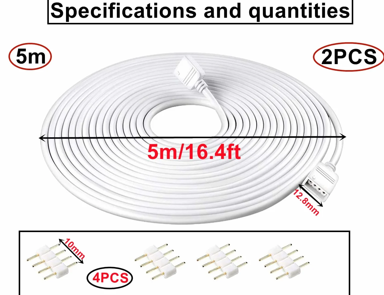 HUAZIZ Przedłużacz 5 m RGB LED, 4-Pinowy Kabel Przedłużający Do Taśm LED RGB (Biały)
