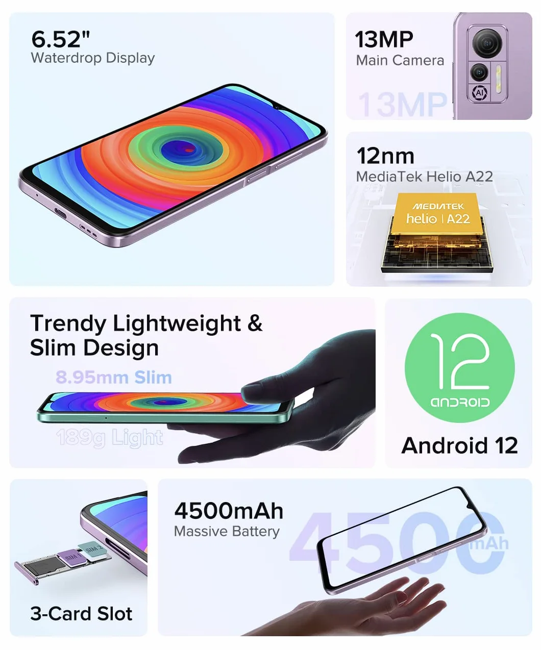 Ulefone Telefon komórkowy 4G Android 12 Note 14 (64 GB), 3 gniazda na karty, 4 GB 64 GB, smartfon z podwójną kartą SIM, 6,52 cala HD, 13 MP 5 MP, bateria 4500 mAh, GPS Face Unlock zielony