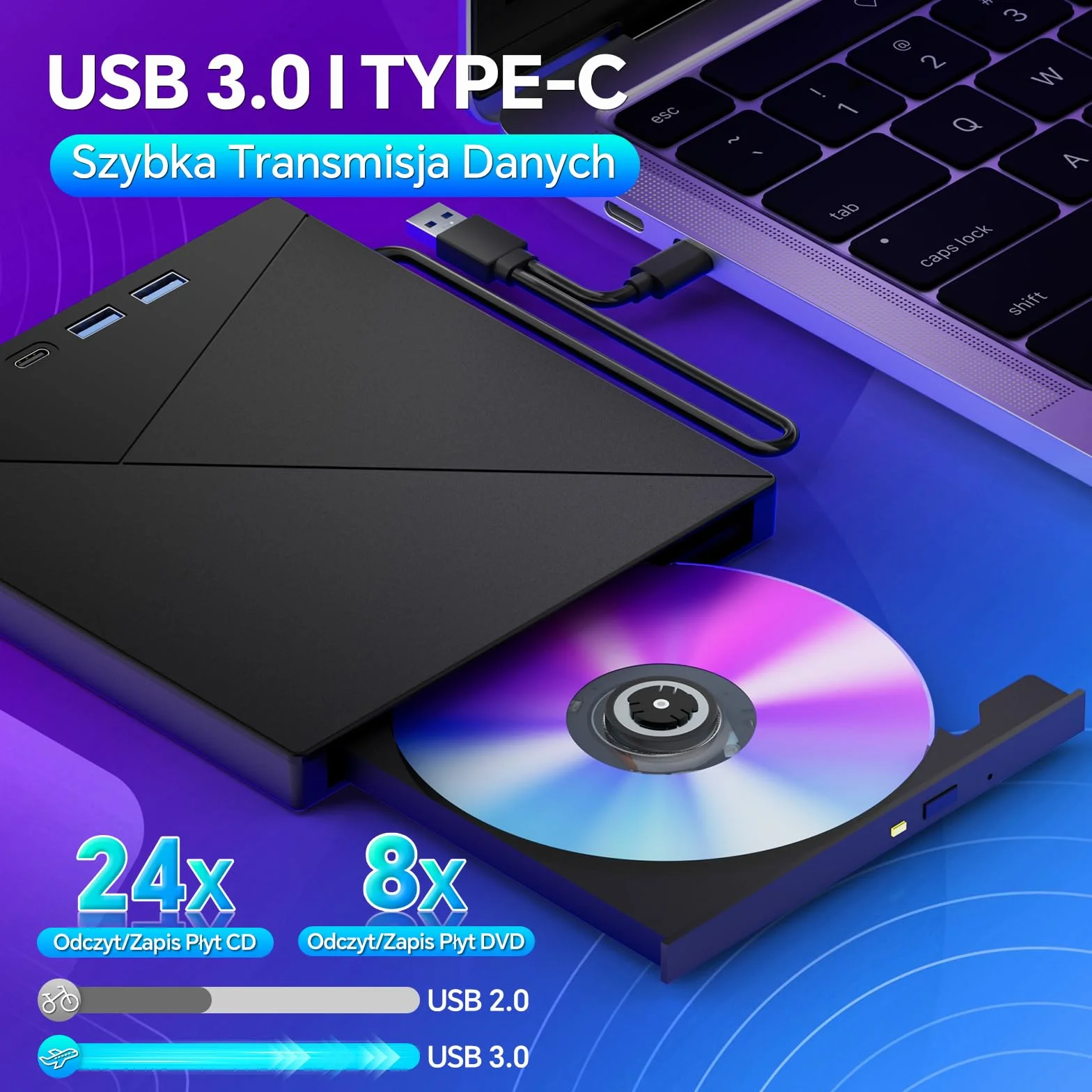 Zewnętrzny napęd CD/DVD Przenośna Nagrywarka Odtwarzacz 7 w 1 | Interfejsem USB 3.0 i Type-C oraz Czytnikiem kart SD/TF i Hubem USB Kompatybilny z Mac/Linux/PC/Laptopa/Windows