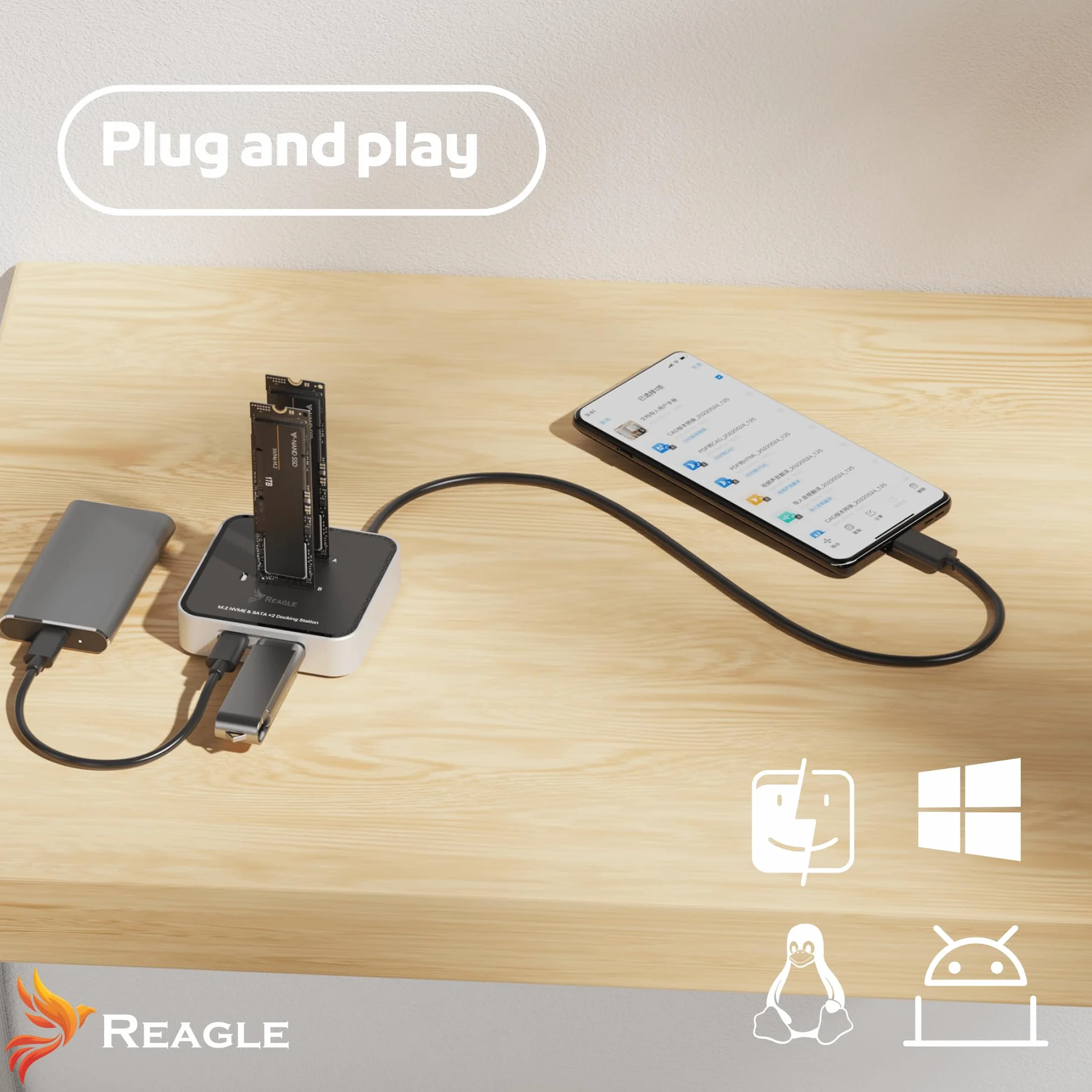 Reagle Dual M.2 NVMe SATA stacja dokująca, USB-C 3.2 Gen2 10 Gbit/s, 2 × M.2 SSD jednocześnie, wsparcie 16 TB, aluminiowa obudowa, klucz M i B+M Key, Plug & Play, w zestawie kabel USB-A/USB-C