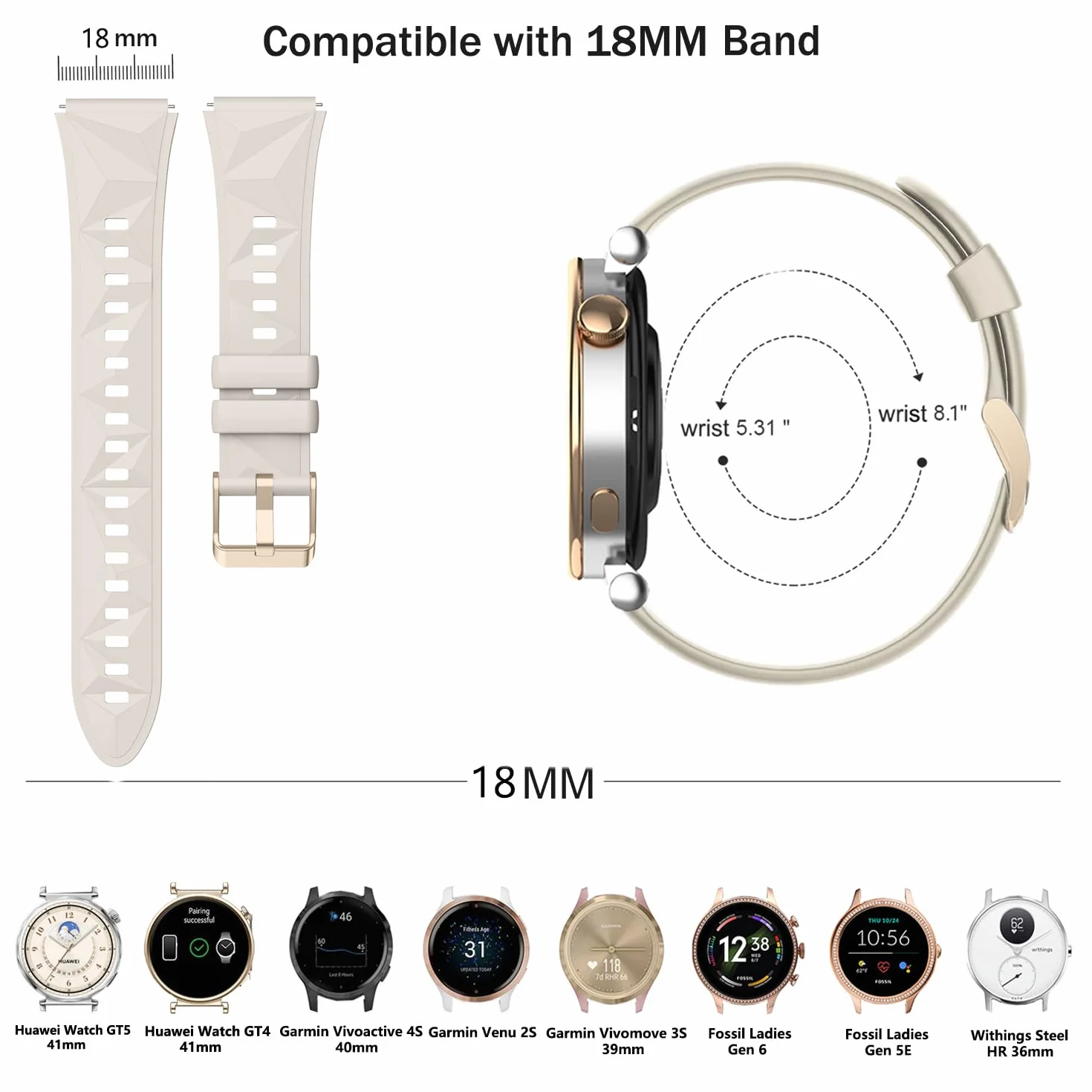 Miękki silikonowy pasek do Huawei Watch GT5 41mm GT4 41mm Garmin Venu 2S Venu 3S 18mm