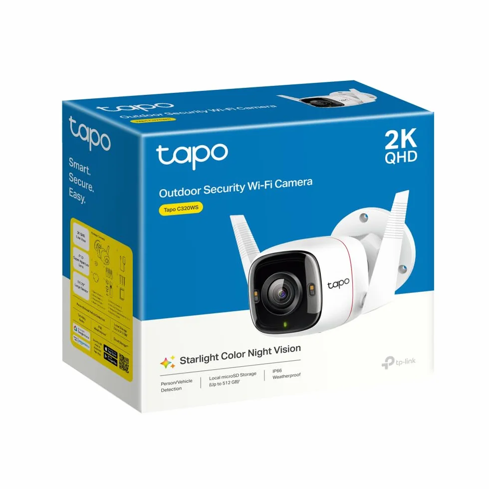 TP-Link Tapo C320WS | Kamera Wi-Fi zewnętrzna 2K QHD z kolorowym trybem nocnym | Detekcja ruchu | Dwukierunkowe audio | IP66 | Kompatybilna z Alexa i Google Home