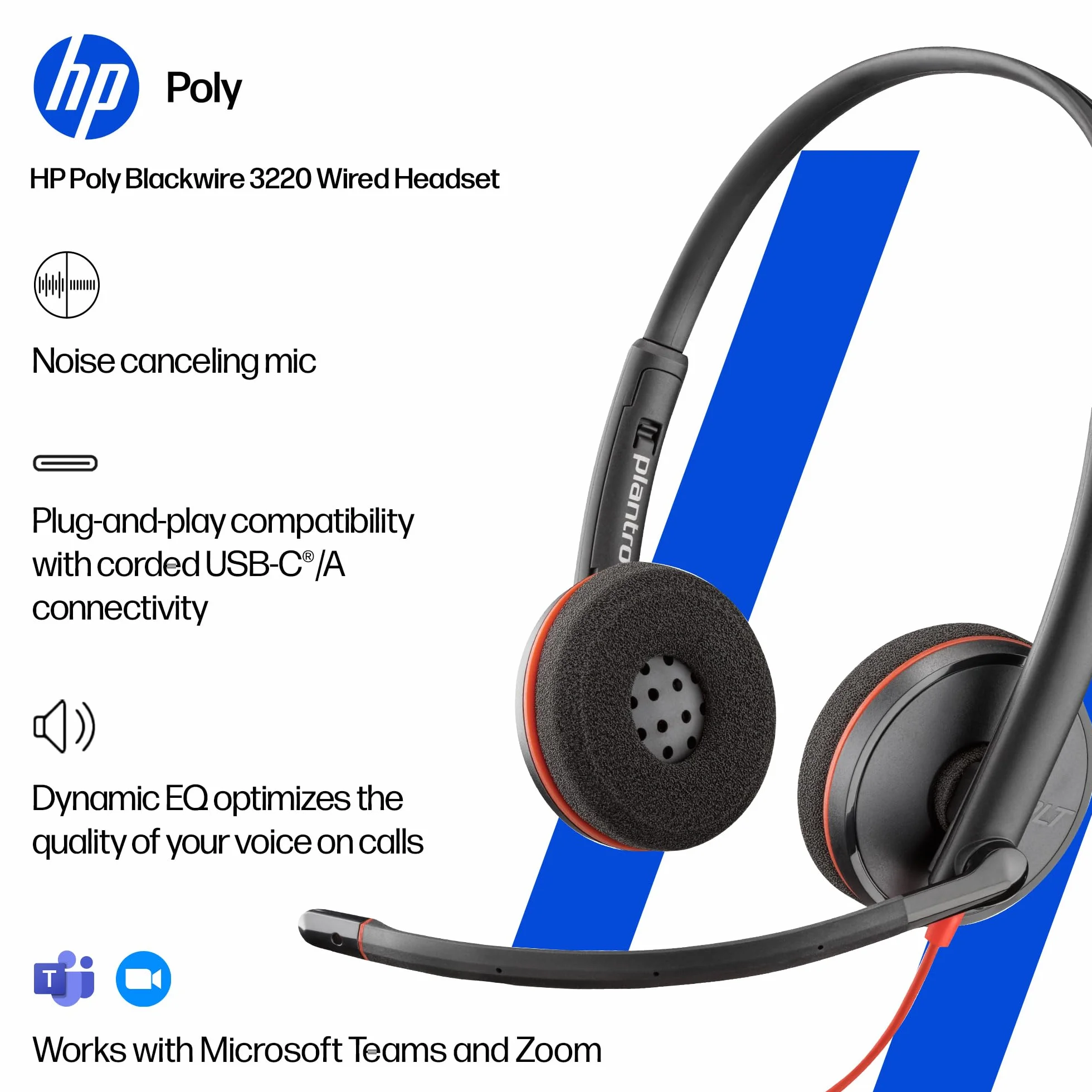 Poly Blackwire 3220 przewodowy zestaw słuchawkowy - mikrofon z redukcją szumów - konstrukcja stereo - podłączenie do PC/Mac przez USB-C lub USB-A - działa z zespołami, zoom