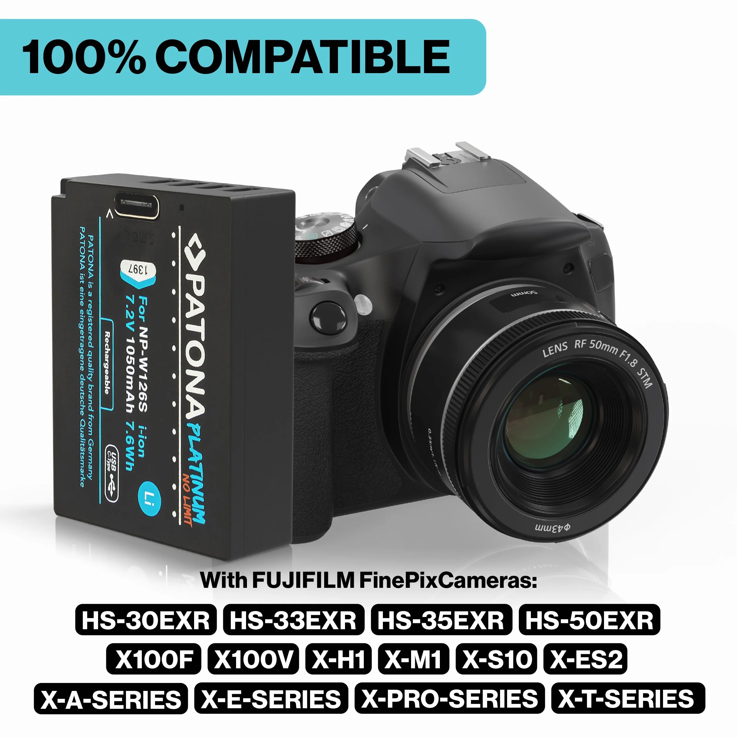 PATONA Platinum Akumulator do Fujifilm NP-W126s W126, 1050mAh, z USB-C | Akumulator do X-M5 X-M1 X100F X100V X100VI XA1 XA2 XA3 XA5 XS10 XT3 XT20 XT30 II XM5 X-S10 – ładowanie w akumulatorze