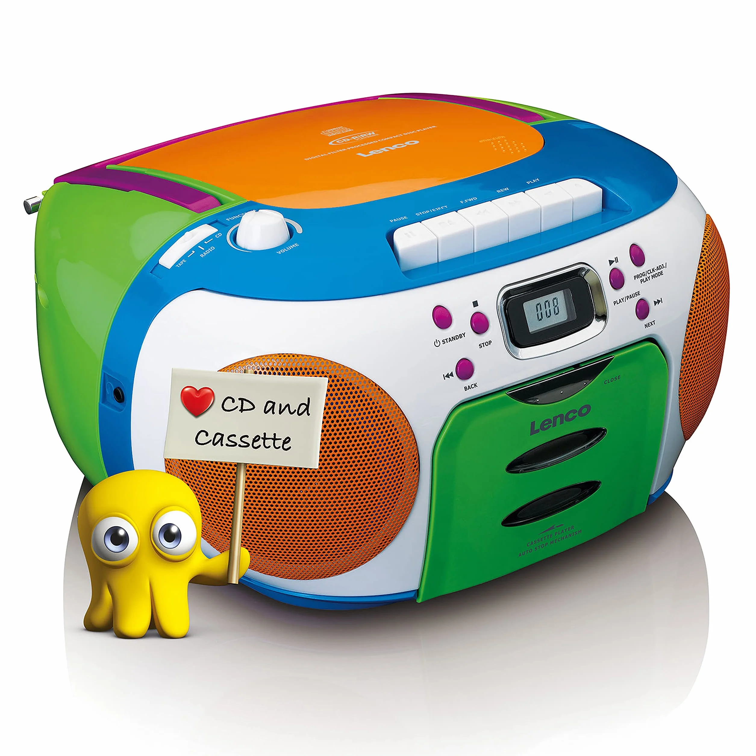 Lenco SCD-971 Radio Dziecięce Kasetowe z CD - Odtwarzacz CD i Kasetowy - Głośnik Stereo - Wejście Na Słuchawki - Pamięć Utworów - Wielokolorowe
