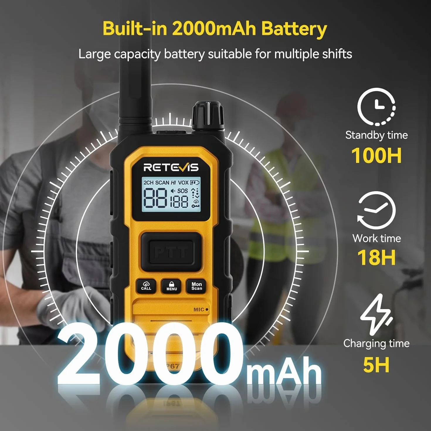 Retevis RB648 Plus Walkie Talkie Dalekiego Zasięgu, Wodoodporne Portofony IP67, 2000 mAh, Typ C, Ręczny Walkie Talkie do Trudnych Warunków (4 Szt. Żółty)