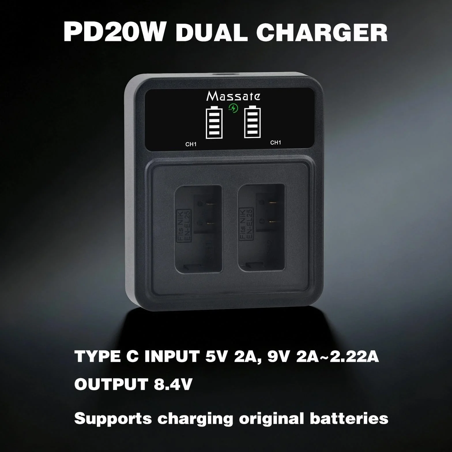 2-pak 1600 mAh akumulator EN-EL25 o dużej pojemności + szybka ładowarka LED PD20W - pełne ładowanie w ciągu 2,5 godziny, akumulator EN-EL25 do Nikon Z30, Z50, Z50II, kamera ZFC i ładowarka MH