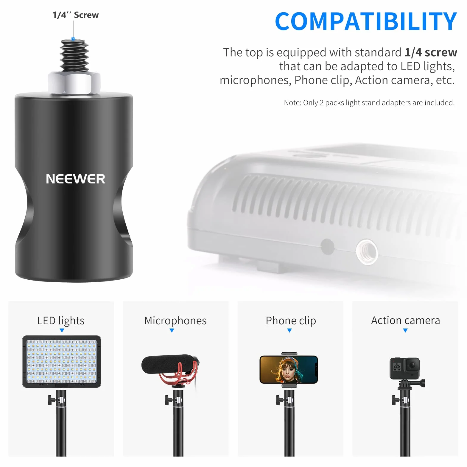 Neewer Szybka konwersja adaptera ze śrubą 1/10.2 cm, 2-pak, wielofunkcyjny adapter z końcówką do stojaka na monitor studyjny, uchwyt na aparat, stojak oświetleniowy do studia fotograficznego - ST12