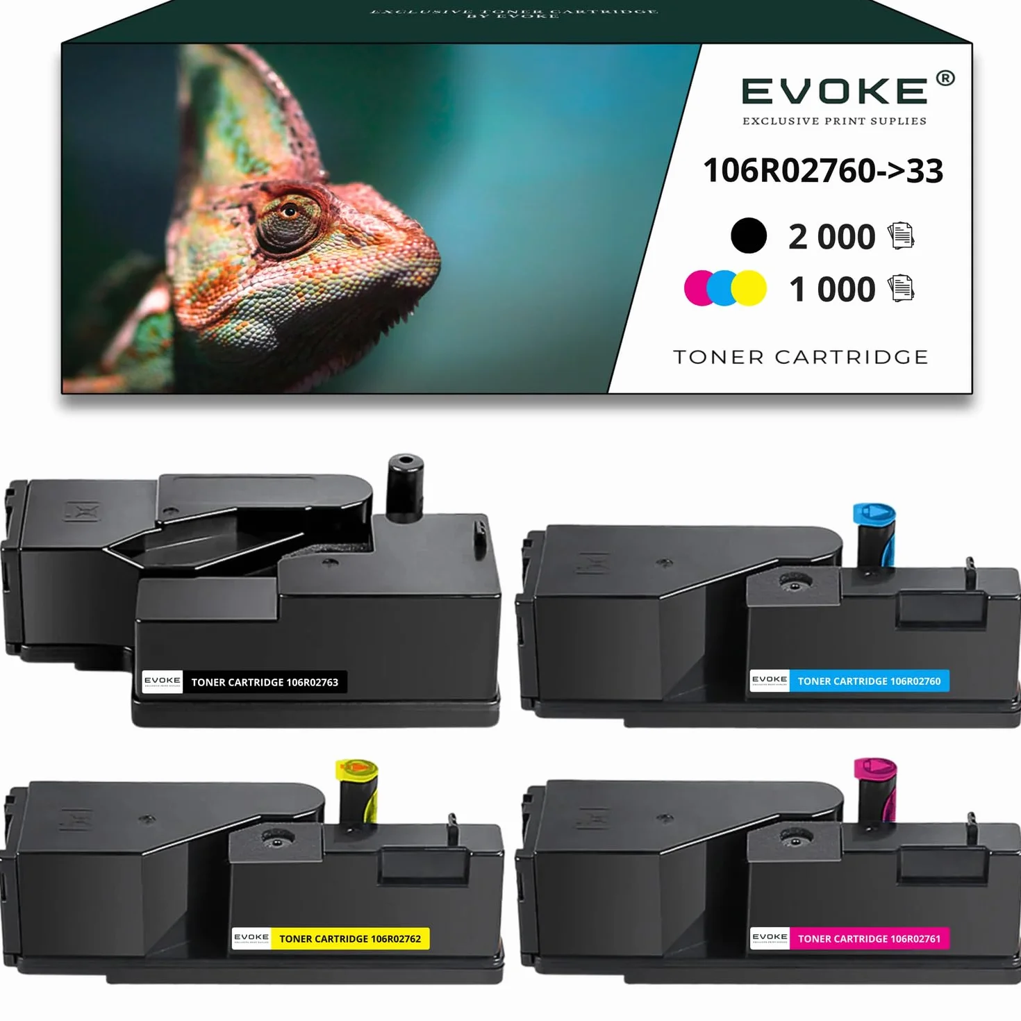 EVOKE 106R02763 + 106R02762 + 106R02761 + 106R02760 Toner Kompatybilny z Xerox XEROX Phaser 6020 6020BI 6022 6027 WorkCentre 6025 (Zestaw CMYK) 5000 Stron