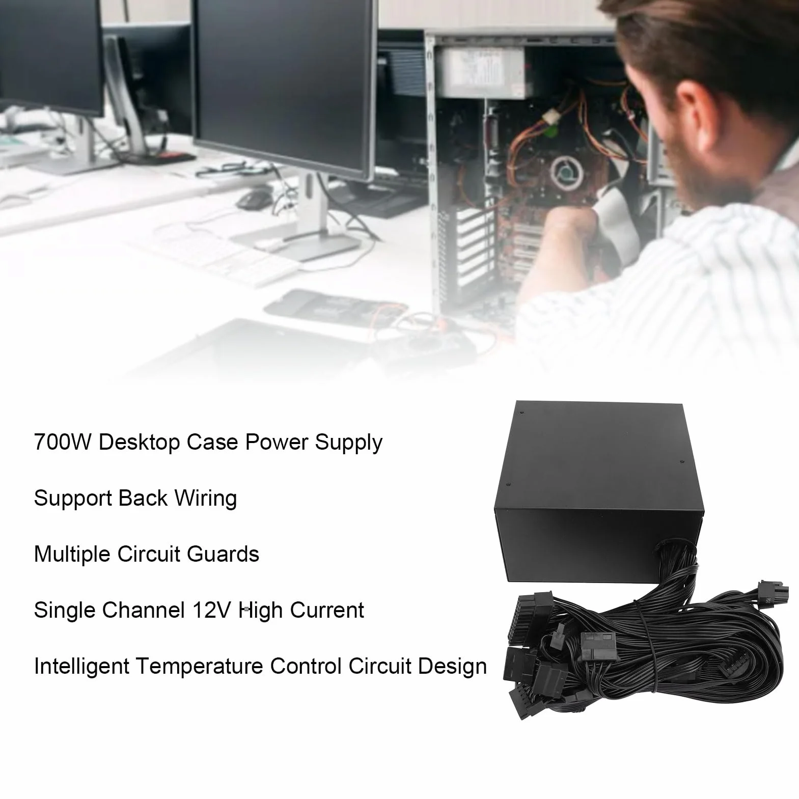 AMONIDA Wysokowydajny Zasilacz ATX 700 W z Wentylatorem Chłodzącym do Systemów Komputerowych Stabilne Napięcie Wiele Funkcji Ochronnych