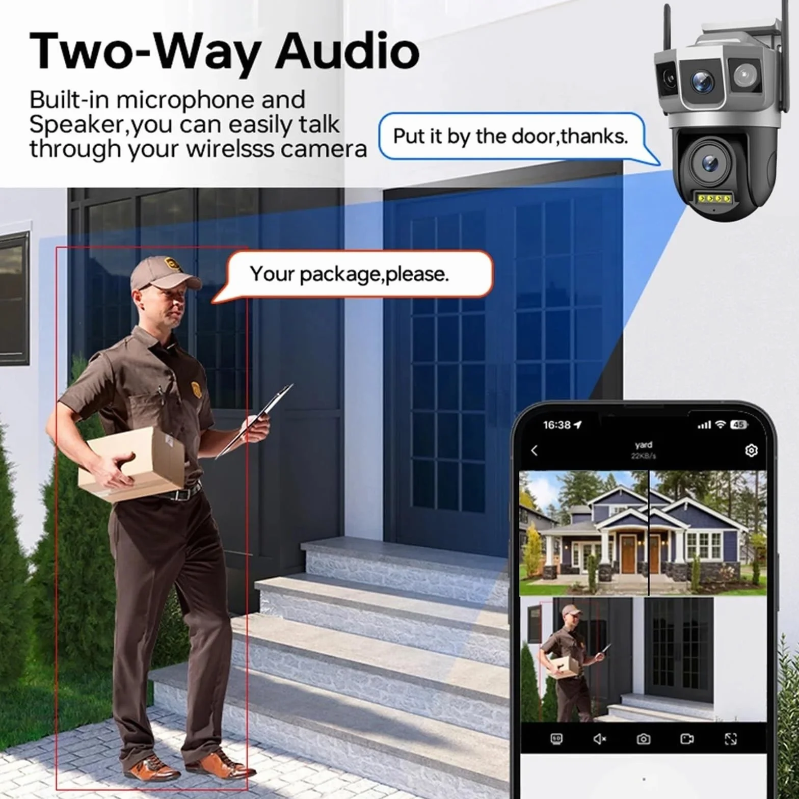 Kamera bezpieczeństwa, Kamera IP WiFi 4MP 6K Podwójny obiektyw Potrójny ekran Inteligentna sieć Bezprzewodowy monitor Bezpieczeństwo Ochrona CCTV Kamery domowe(WiFi Cam 32GB Card)