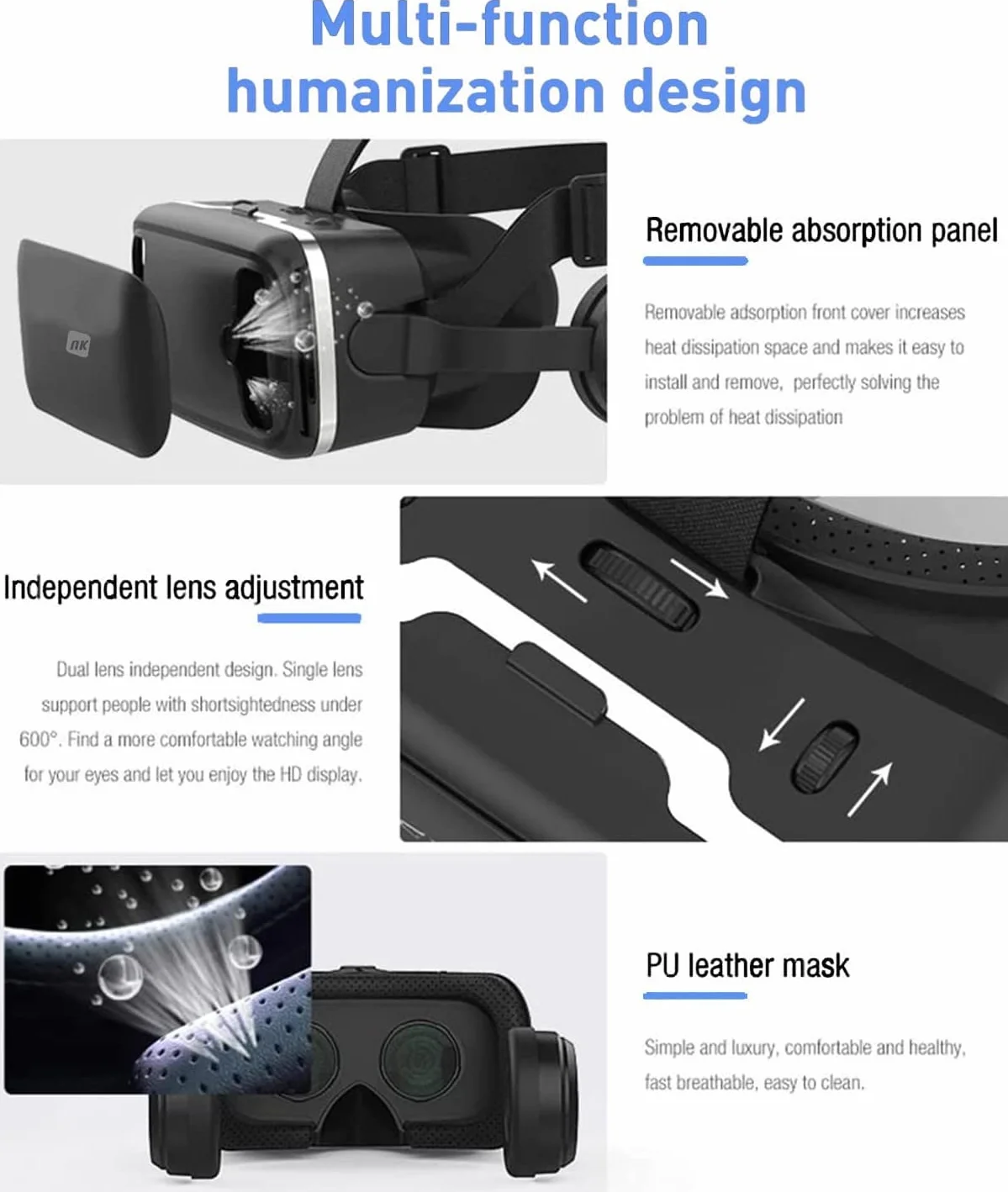 NK Smartphone 3D VR Glasses - Smartphone Virtual Reality Smart Glasses 4.7" - 6.53", kąt widzenia 90-100 stopni, obrót o 360°, regulowana soczewka i regulacja źrenicy - czarne
