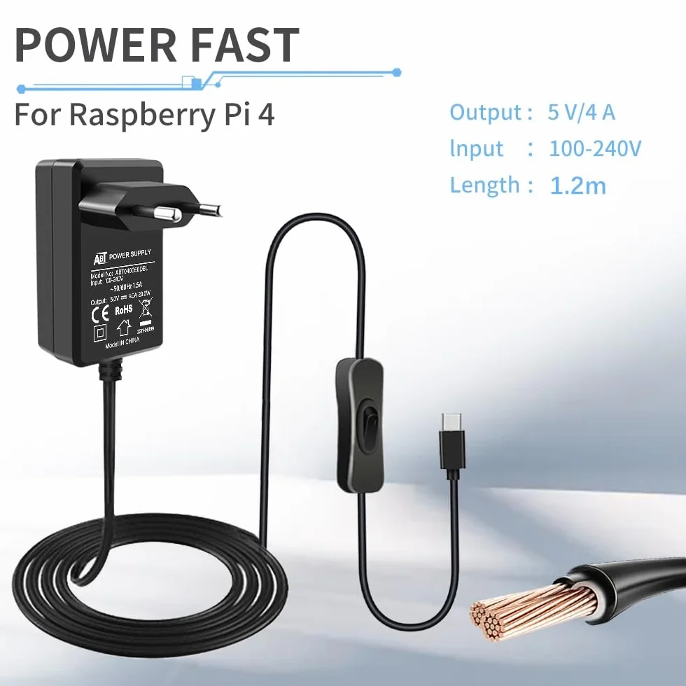 GeeekPi Zasilacz USB C 5V 4A 20W z włącznikiem do Raspberry Pi 4 Model B 8GB/4GB/2GB/1GB, adapter micro USB do Pi 3B+/3B