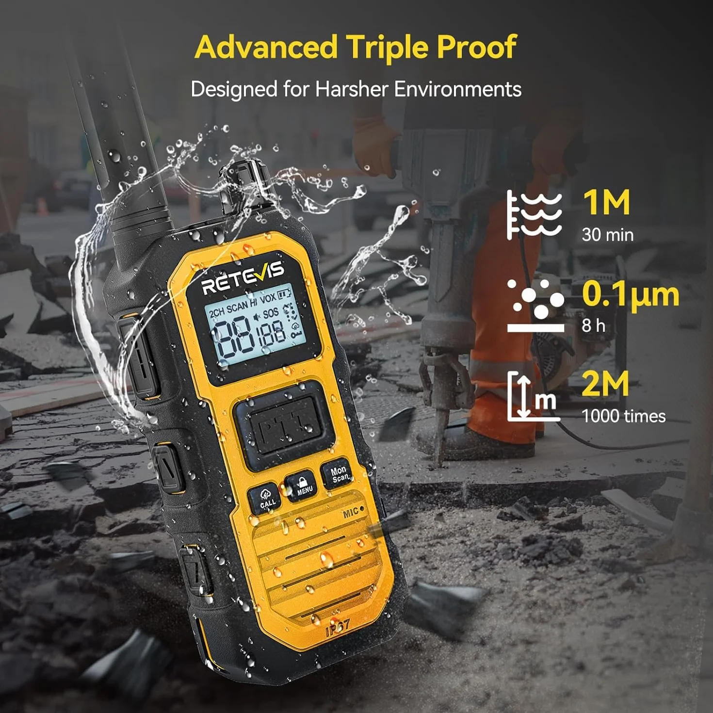 Retevis RB648 Plus Walkie Talkie Dalekiego Zasięgu, Wodoodporne Portofony IP67, 2000 mAh, Typ C, Ręczny Walkie Talkie do Trudnych Warunków (4 Szt. Żółty)