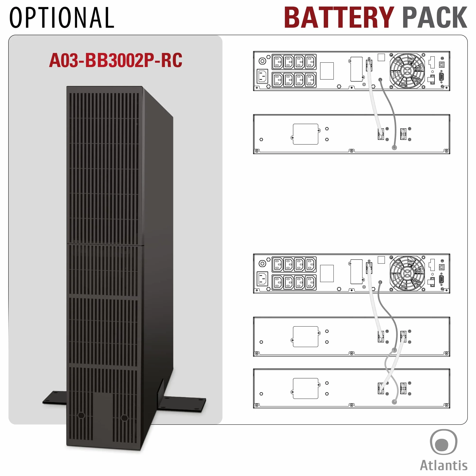 Atlantis A03-OP3002P-RC PRO UPS OnLine Zasilacz bezprzerwowy Podwójnej konwersji Czysta fala sinusoidalna 3000VA 2700W, serwer RACK, wyświetlacz LCD, USB, szeregowy RS-232, 8 wyjść IEC, gniazda SNMP, 6x12V-9Ah