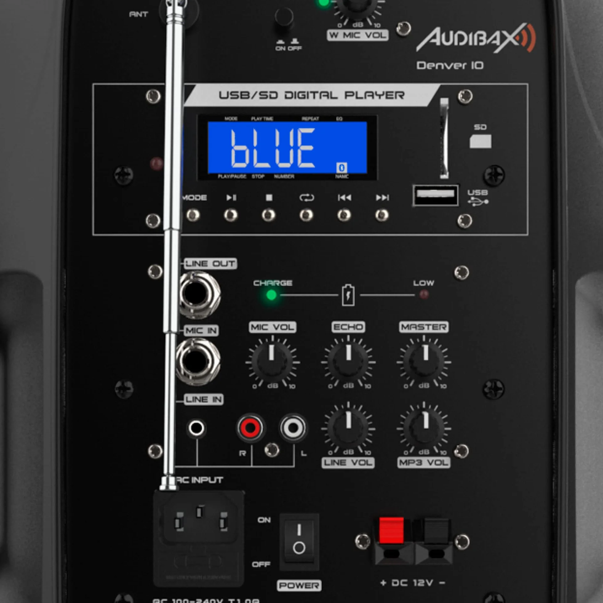 Audibax | Denver Combo Port 10" głośnik VHF - głośnik Bluetooth z USB/SD - system wózka - bateria + kabel AC 12 V - ekran LCD - bezprzewodowy mikrofon - czarny - 385 x 325 x 565 mm