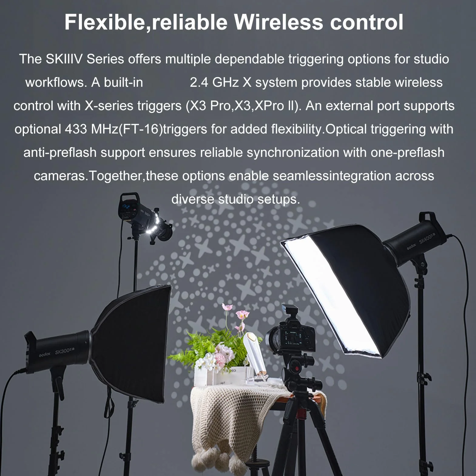 Godox SK400IIIV lampa błyskowa, bezprzewodowa, 2,4 G, 400 W, GN65, 5700 ± 200 K, 0,1-1,5 s, czas ładowania błyskowego 1/200-1/380 s, z lampą nastawczą LED 10 W
