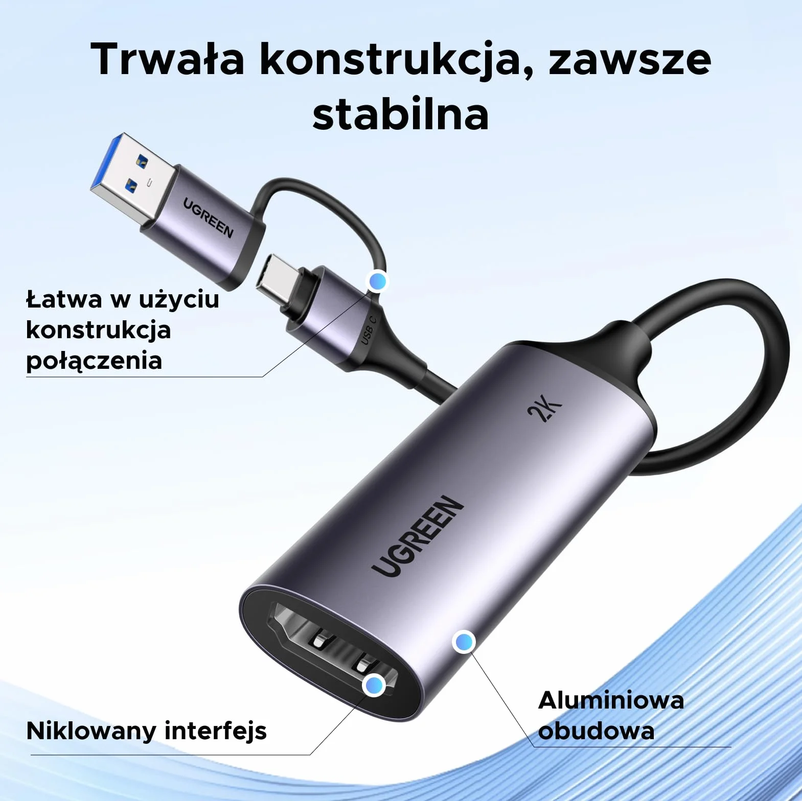 UGREEN Karta capture, wejście 4K, zapis 2K30Hz, HDMI na USB C/A | USB 3.0 HDMI Capture Card, grabber HDMI kompatybilny z Switch Switch 2 PS5 Xbox TV Stick Camera Laptop iPad
