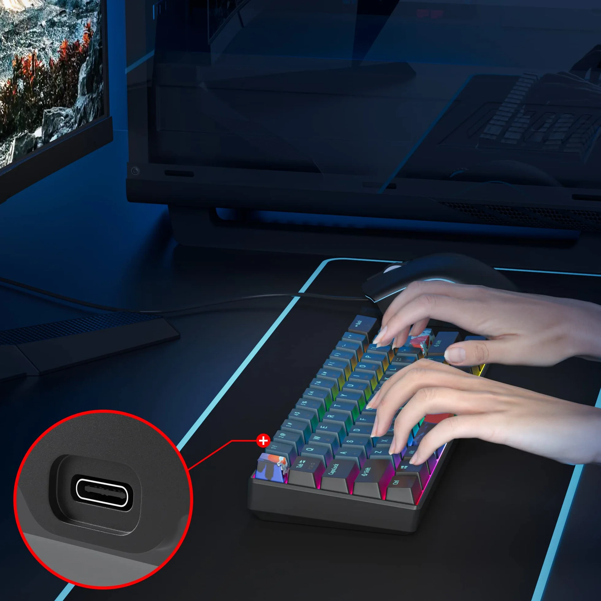 Przewodowa klawiatura mechaniczna RGB 61 klawiszy 60% z podświetleniem PBT z liniowymi czerwonymi przełącznikami dla graczy z systemem Windows PC (61 Monstor)
