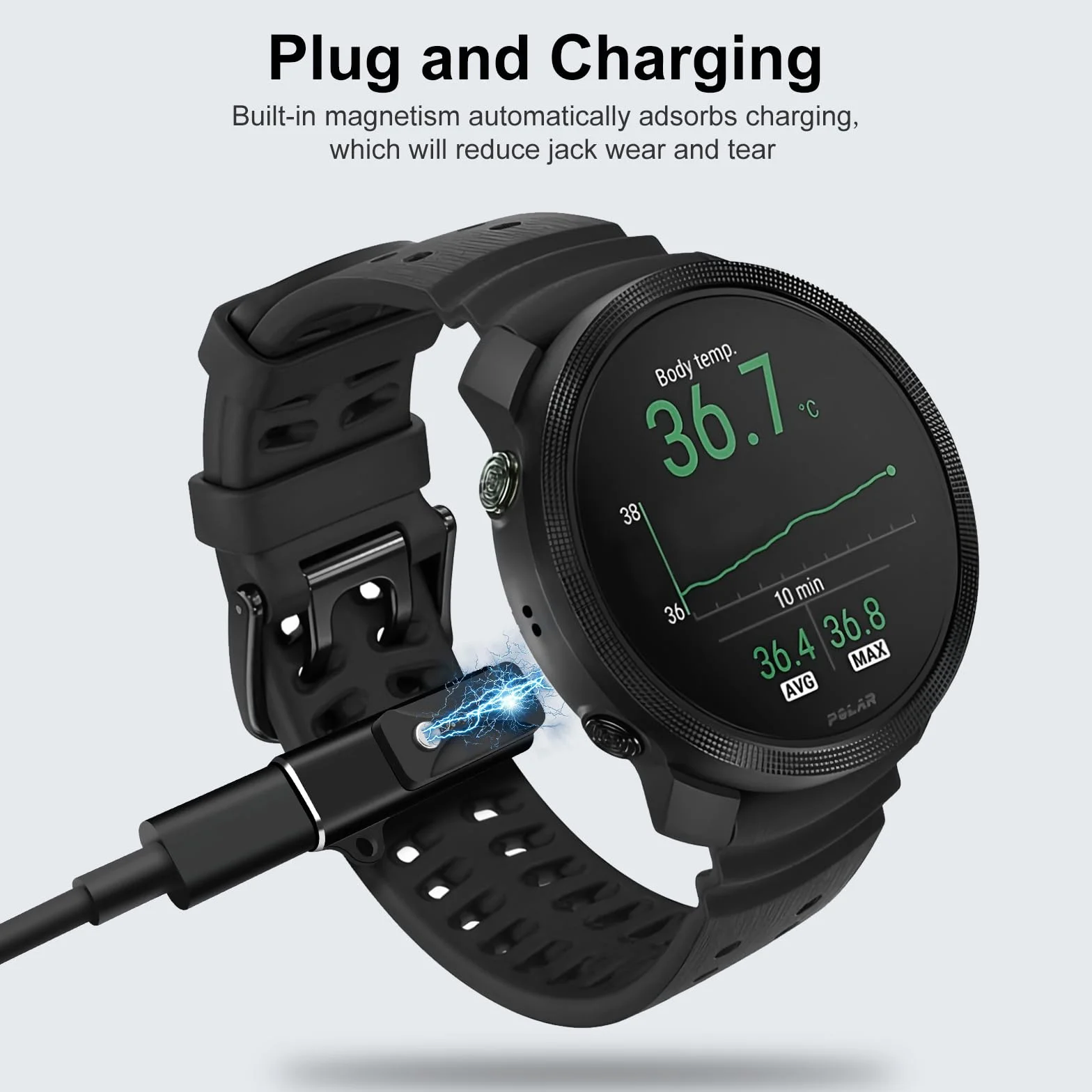 Adapter do ładowania Polar USB-C ze smyczem kompatybilny Vantage V3 Pacer Pro M3 Ignite 3 Grit X2 czarny