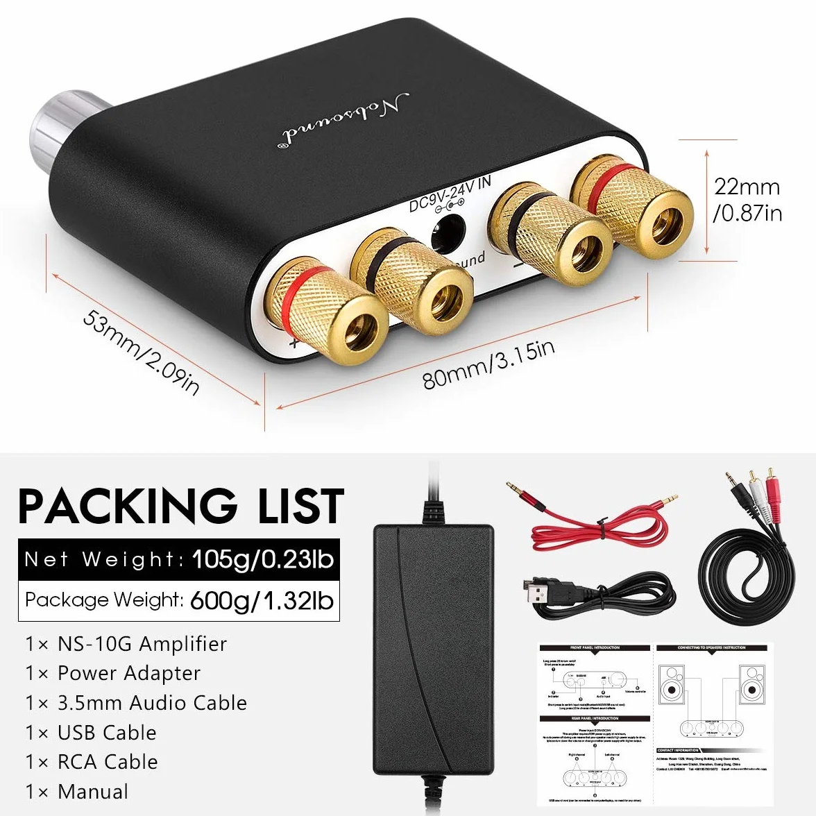 Nobsound NS-10G Mini wzmacniacz cyfrowy Bluetooth 5.0-100 W, z zasilaczem, czarny