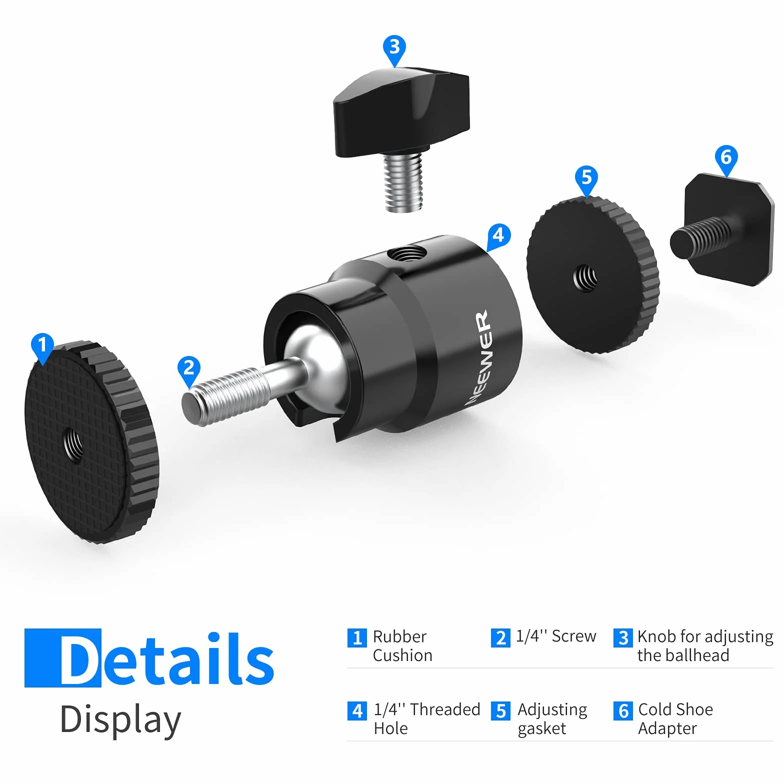 Neewer ST17 ST17 zestaw 2 uchwytów do lampy błyskowej 1/4" z dodatkową śrubą 1/4", mini adapter z głowicą kulową do aparatów, kamkorderów, smartfonów, lamp wideo, mikrofonów, światła pierścieniowego