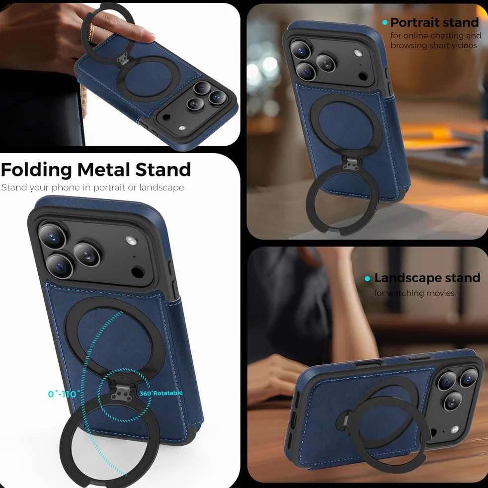 Skórzane etui na iPhone 17 Pro Max/17 Pro/Air/17, Biznesowe Klapki na Karty Etui na Telefon Komórkowy z Magnetycznym Uchwytem Pierścieniowym Obudowa, Szary, 17