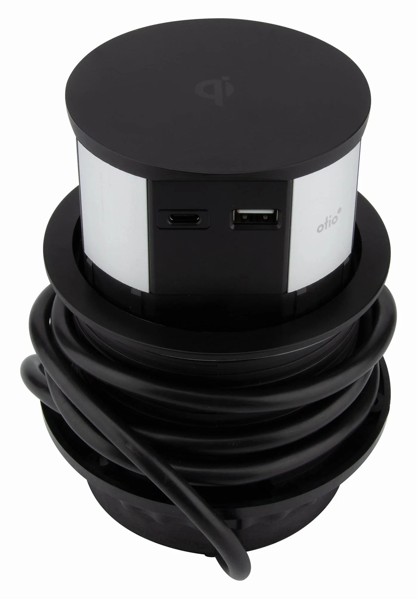 Otio, listwa zasilająca do zabudowy z 3 gniazdami 16 A + 2 portami USB (USB-C) i ładowarką indukcyjną 10 W - czarna - kabel 1,5 m - średnica wiercenia Ø10 cm - wysokość po rozłożeniu 6 cm