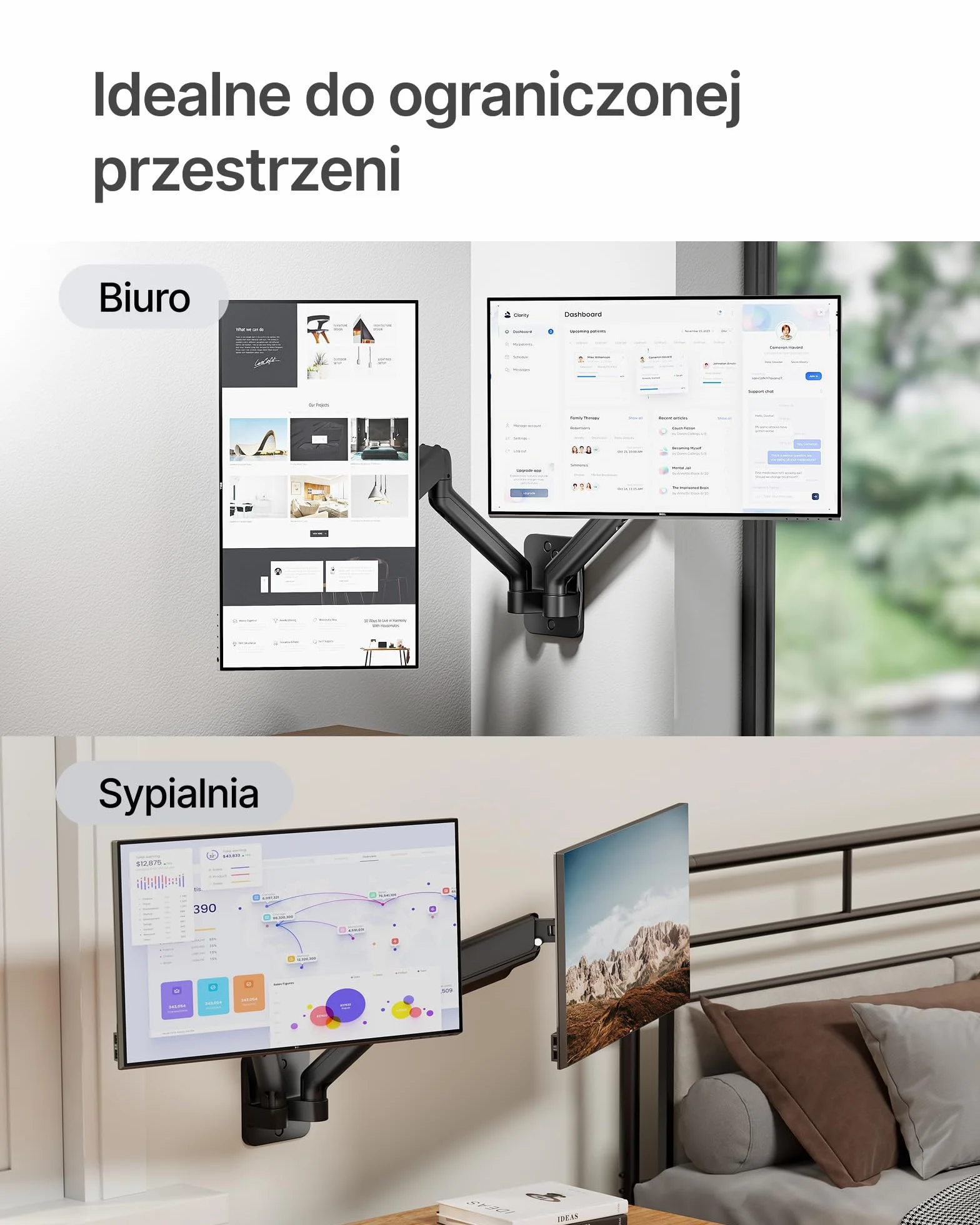 monTEK Podwójny uchwyt ścienny do monitora od 17 do 32 cali, każdy do 9 kg | 75 x 75/100 x 100 VESA uchwyt ścienny, na płaski/zakrzywione ekrany, w pełni ruchomy uchwyt monitora, czarny
