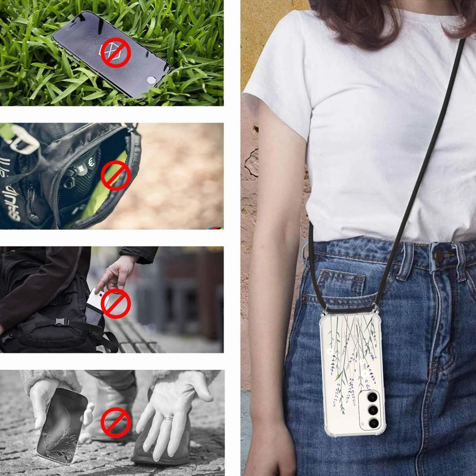 Yoedge Pasek na telefon, etui dla Samsung Galaxy S23 5G 6,1", etui z paskiem, miękki silikon TPU + PC, odporne na uderzenia, etui ochronne ze sznurkiem do zawieszenia, przezroczyste etui z estetycznym