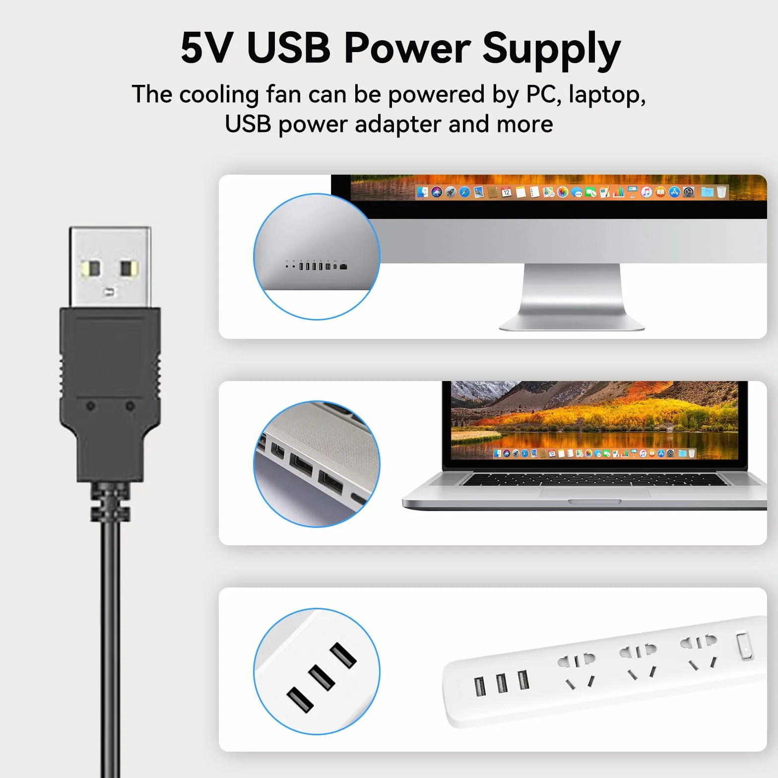 ELUTENG Podwójny wentylator PC USB 80 mm z 3 prędkościami regulacji, 8 cm, wentylator komputerowy L, USB 2 w 1, mini wentylator PC z metalowym grillem, 5 V, wentylator 2700 obr./min