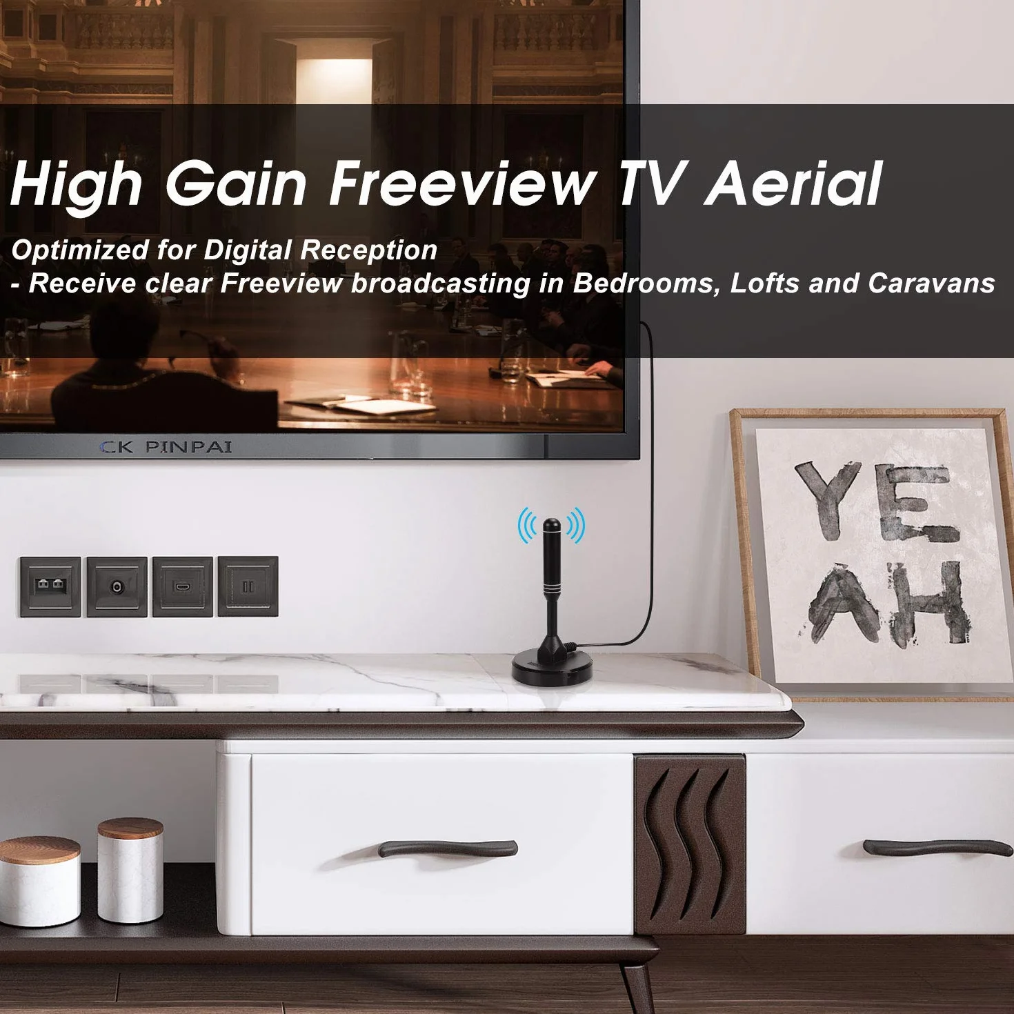 August DTA240 - Potężna antena TV do wnętrz TNT HD - cyfrowa i cyfrowa UHD Francja, magnetyczna magnetyczna, mała, przenośna, dyskretna, UHF VHF Salon, przyczepa kempingowa, kabel 2 m - czarny
