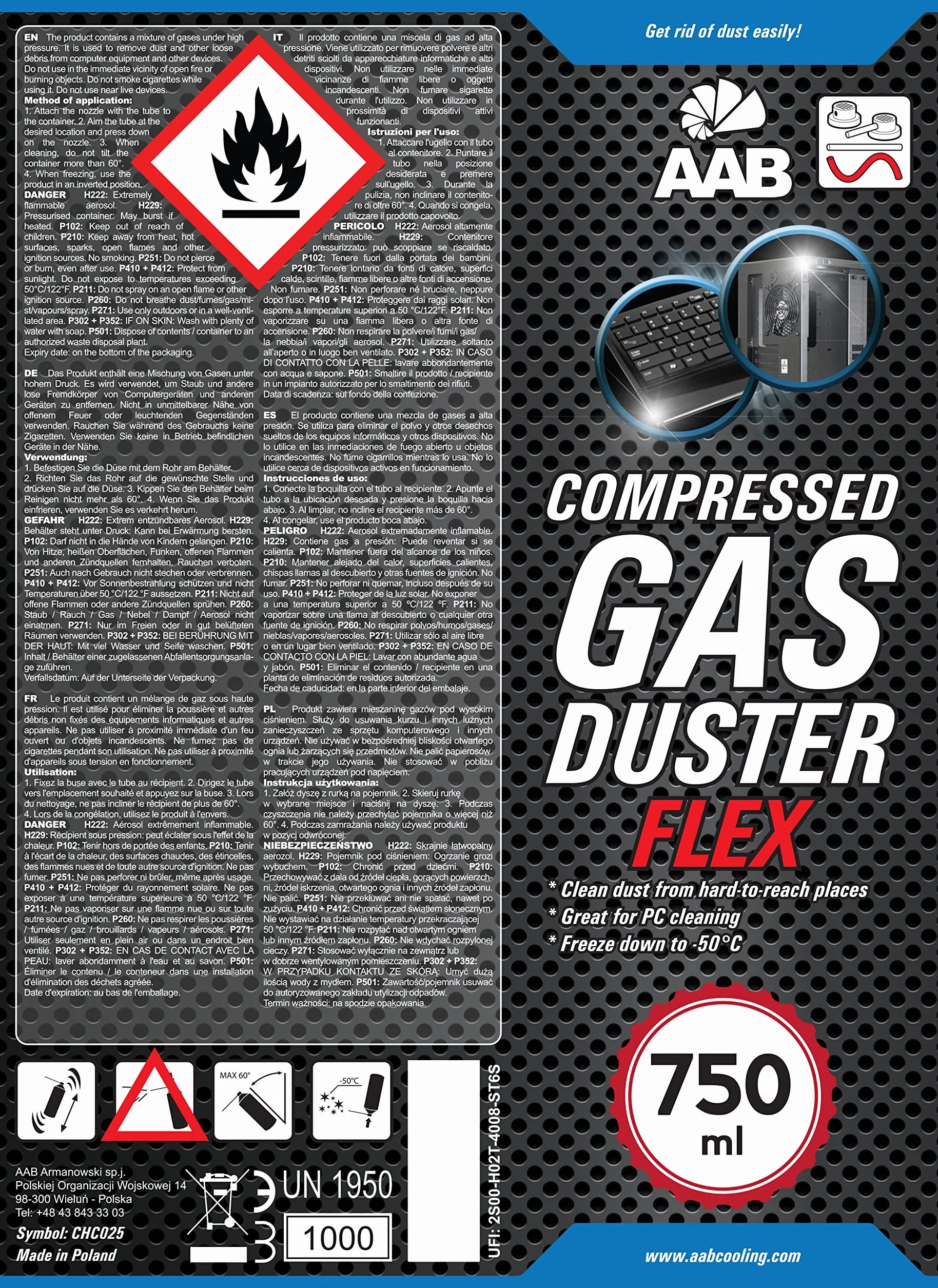 24 x AAB Compressed Gas Duster FLEX 750ml - Sprężony Gaz z Długą, Elastyczną Rurką, Sprężone Powietrze do Wydmuchiwania Kurzu, Puszka, Aerozol do Czyszczenia Komputera, Klawiatury, Laptopa, PC