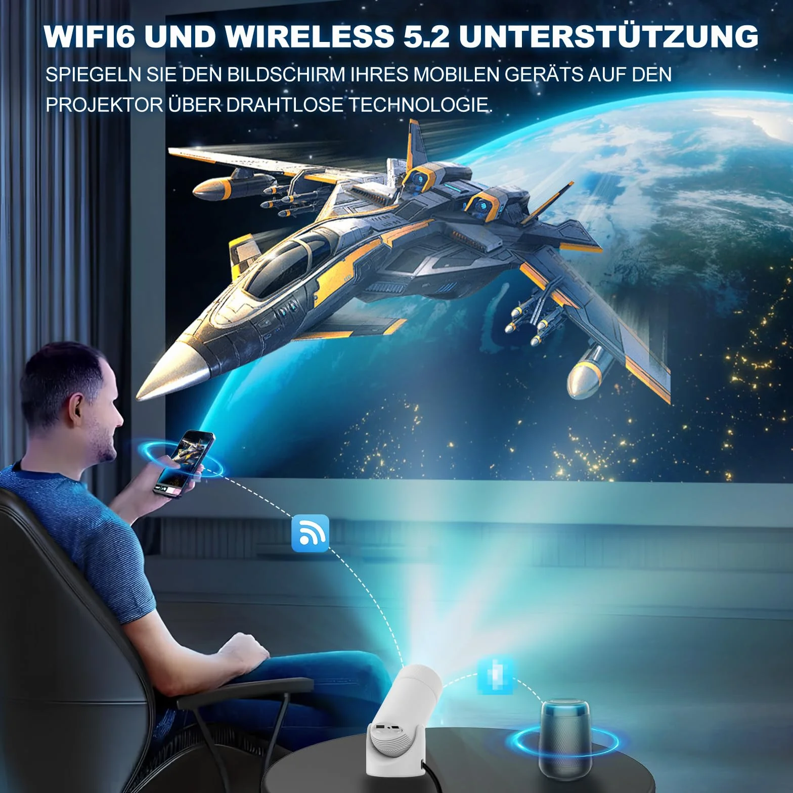 Mini projektor z Bluetooth 5.0, przenośny projektor VenirCool P2 13000L, obsługa 4K z WiFi6, elektryczna korekcja trapezu, projektor wideo, obrotowy stojak 180° do kina domowego