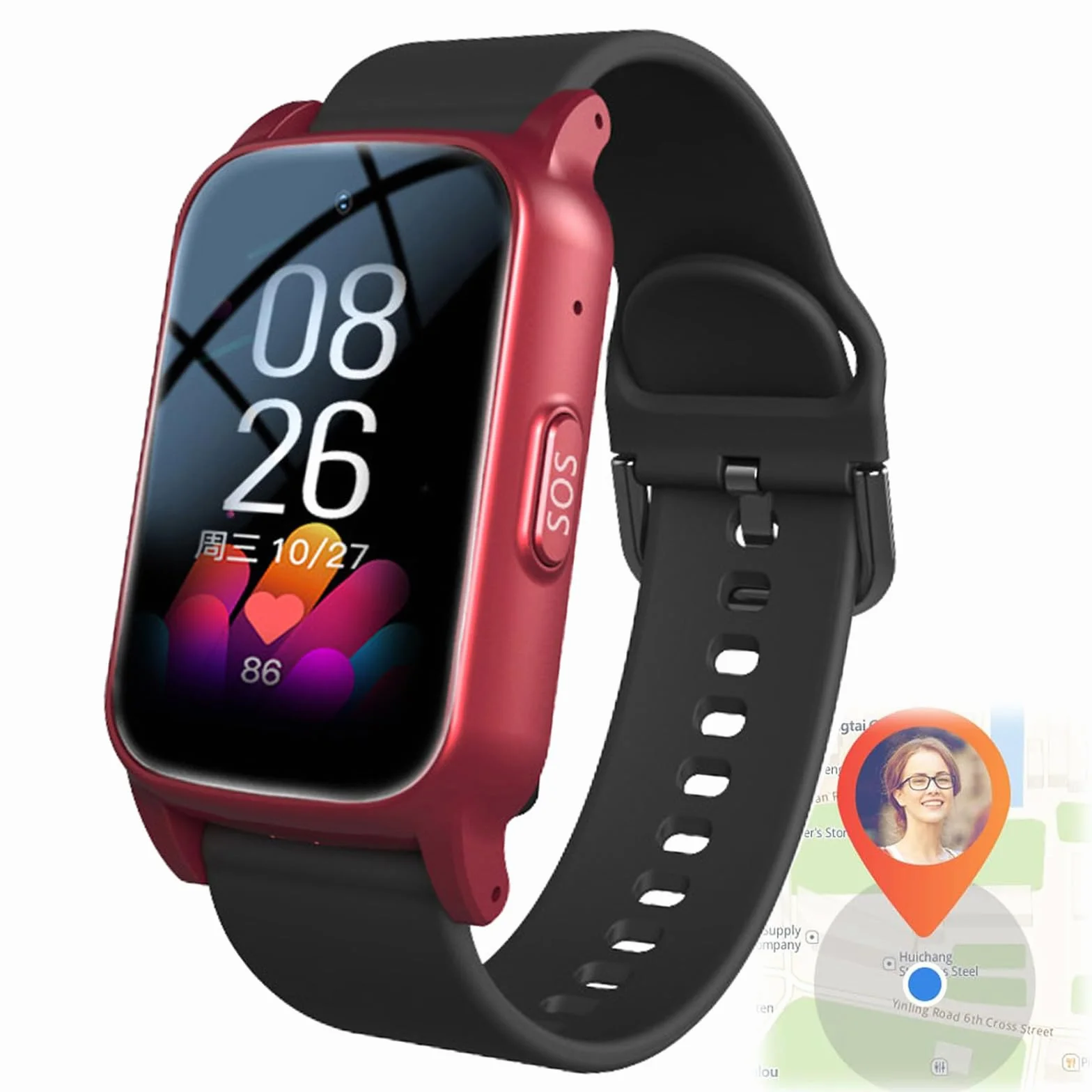 Smartwatch z wykrywaniem upadków dla seniorów, inteligentny zegarek dla seniorów z osobistym alarmem, bransoletka z pozycjonowaniem SOS, zegarek z alarmem upadków dla seniorów,Red