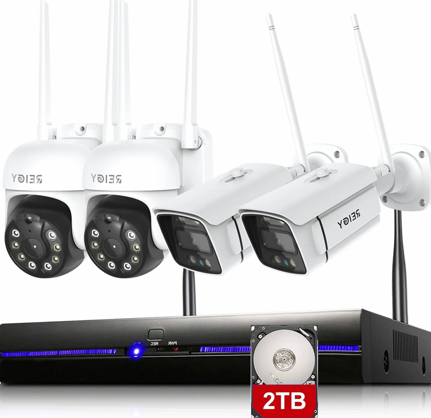 REIGY 4 sztuki kamera 5 MP (kamera kulowa + kamera pt), zewnętrzna kamera Wi-Fi z wodoodpornym kolorowym widzeniem nocnym i dwukierunkowym dźwiękiem
