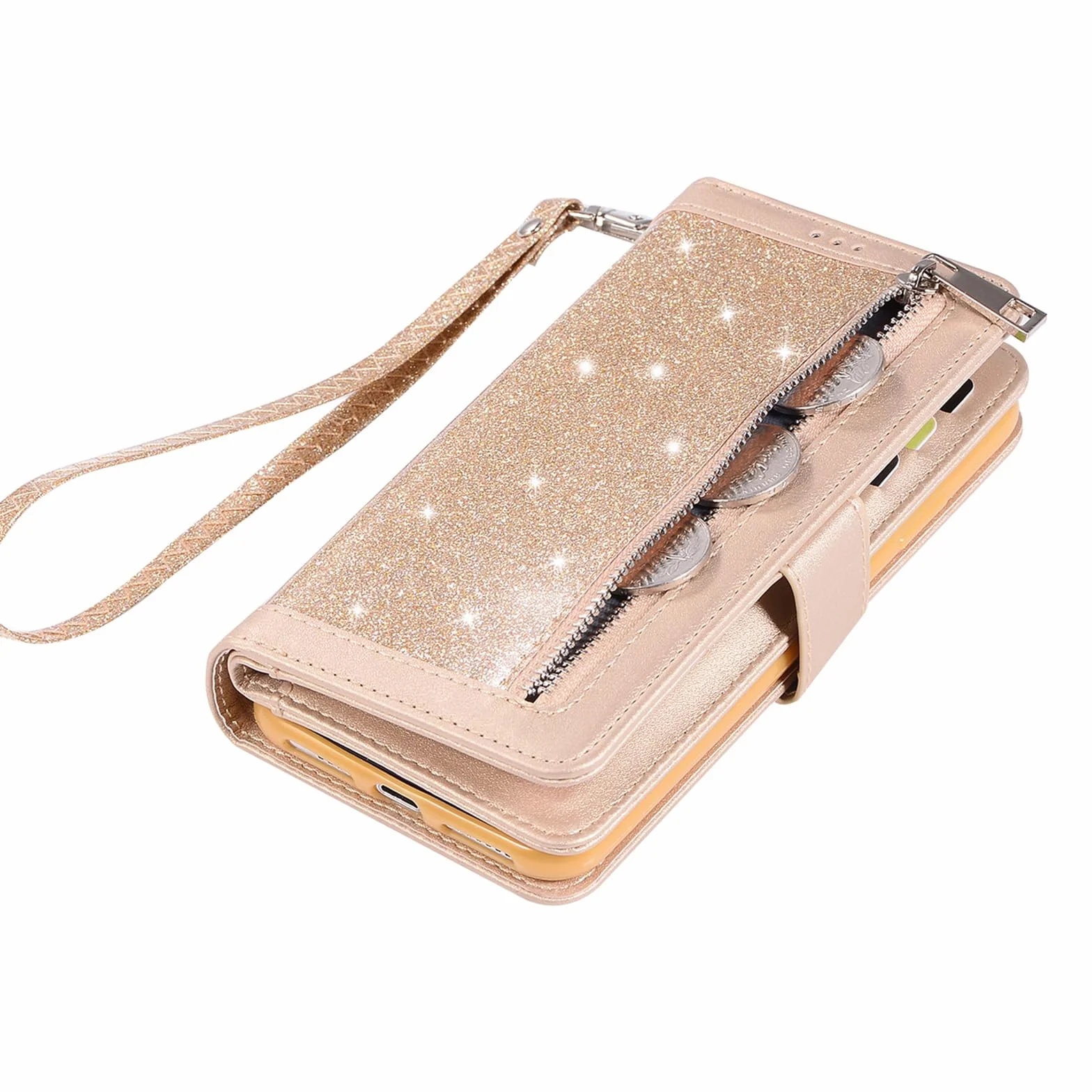 Błyszczące etui do iPhone 16 Pro Max / 16 Pro / 16 Plus/16, portmonetka na telefon komórkowy, klapka, skórzane etui z dużą przegródką na karty, złote, 16