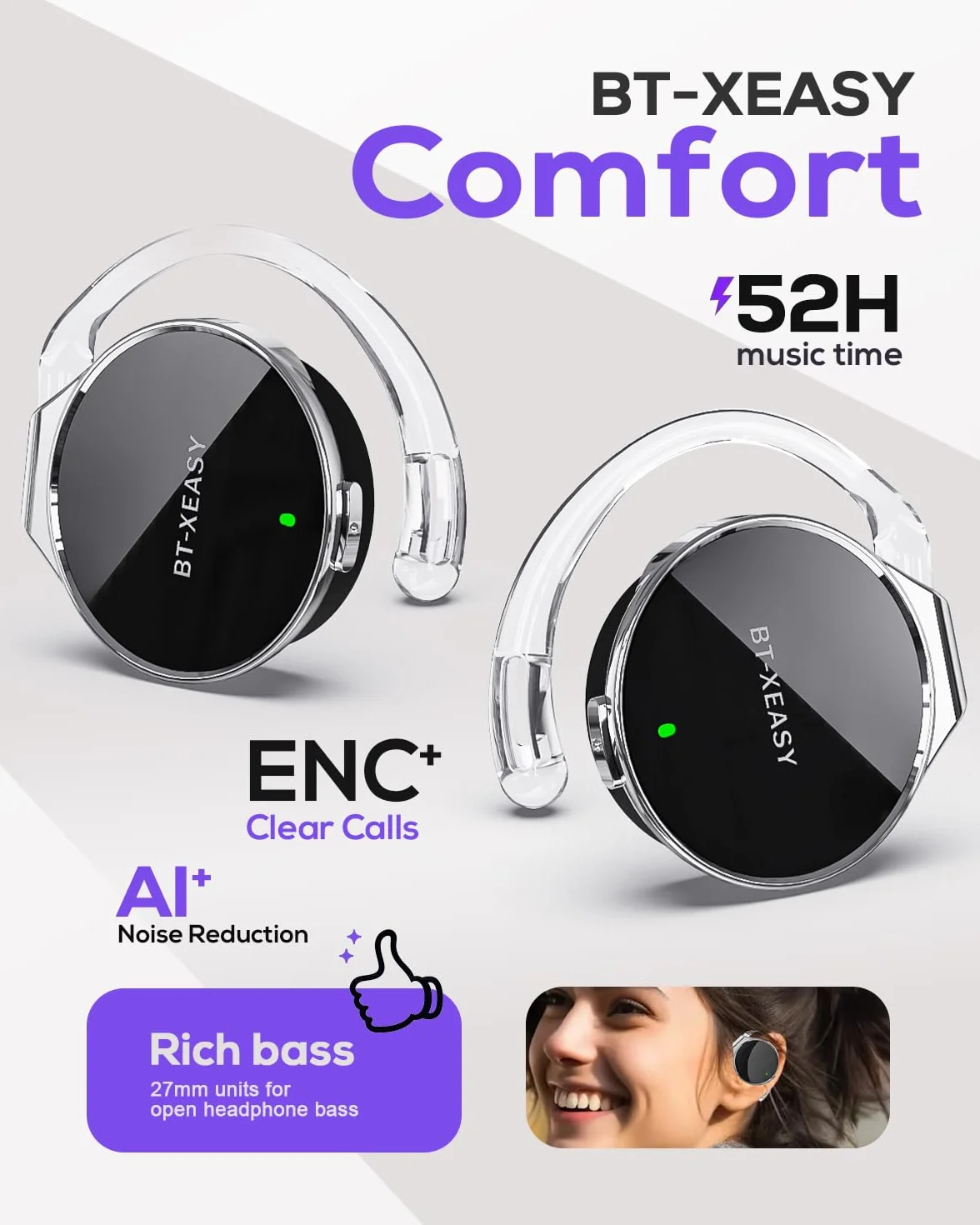 Słuchawki nauszne Bluetooth 5.4, z funkcją Open Ear, bezprzewodowe słuchawki z redukcją szumów, w kształcie kropli wody, sportowy zestaw słuchawkowy Bluetooth z 4 mikrofonami, wygodne dopasowanie