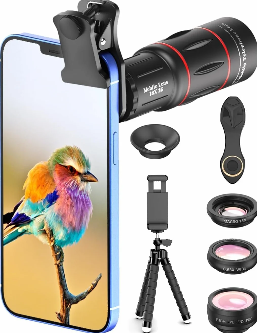 APEXEL Zestaw obiektywów aparatu, 18 x monokularowy teleskop z okiem, szeroki obiektyw 0,63 x i 15 x soczewka makro, obiektyw rybie oko 198°, elastyczny statyw do aparatu z pilotem zdalnego sterowania do iPhone'a i większości smartfonów